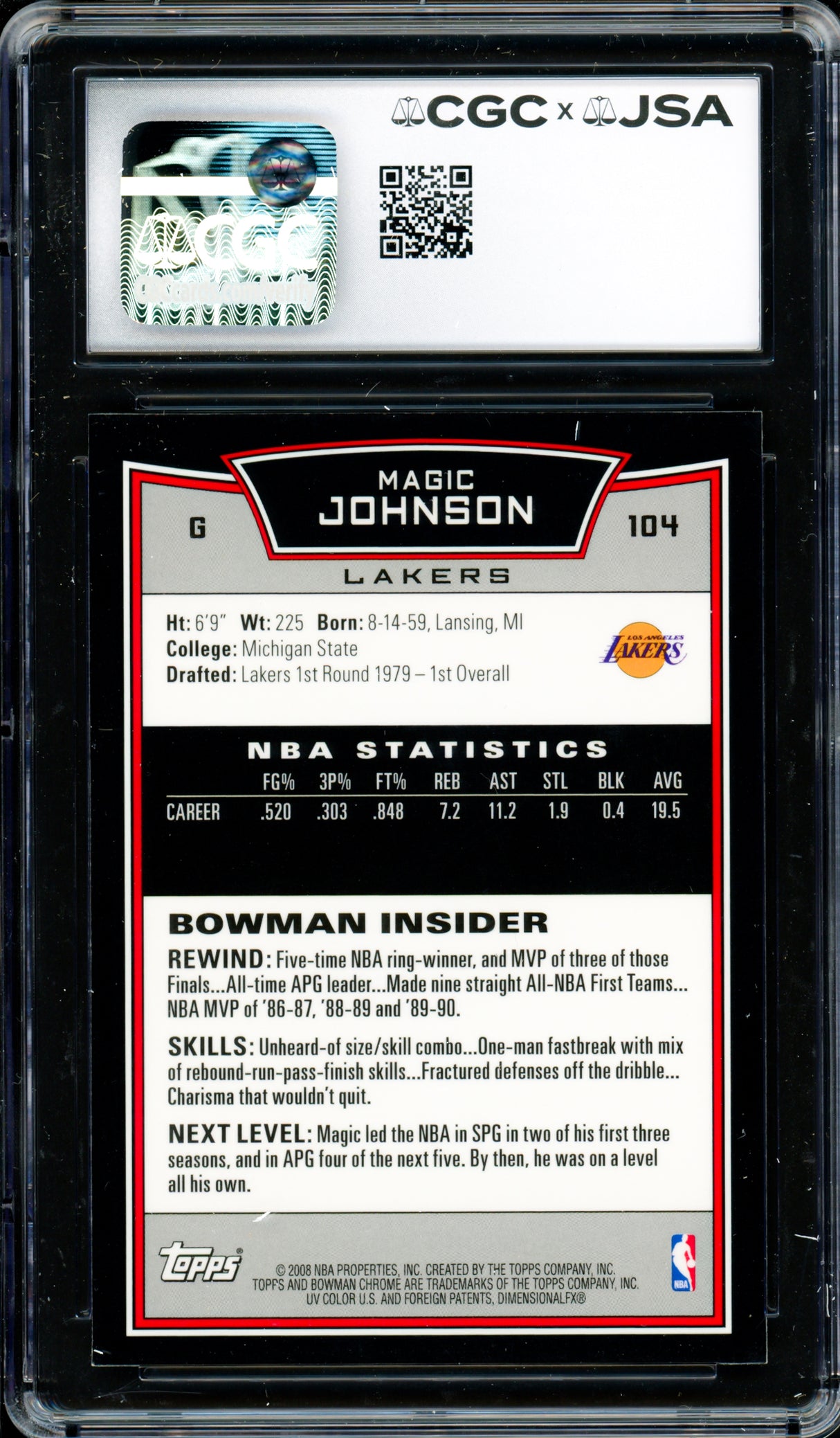 Magic Johnson Autographed 2008-09 Bowman Chrome Card #104 Los Angeles Lakers CGC x JSA 9 Auto Grade Gem Mint 10 CGC x JSA #6131791225
