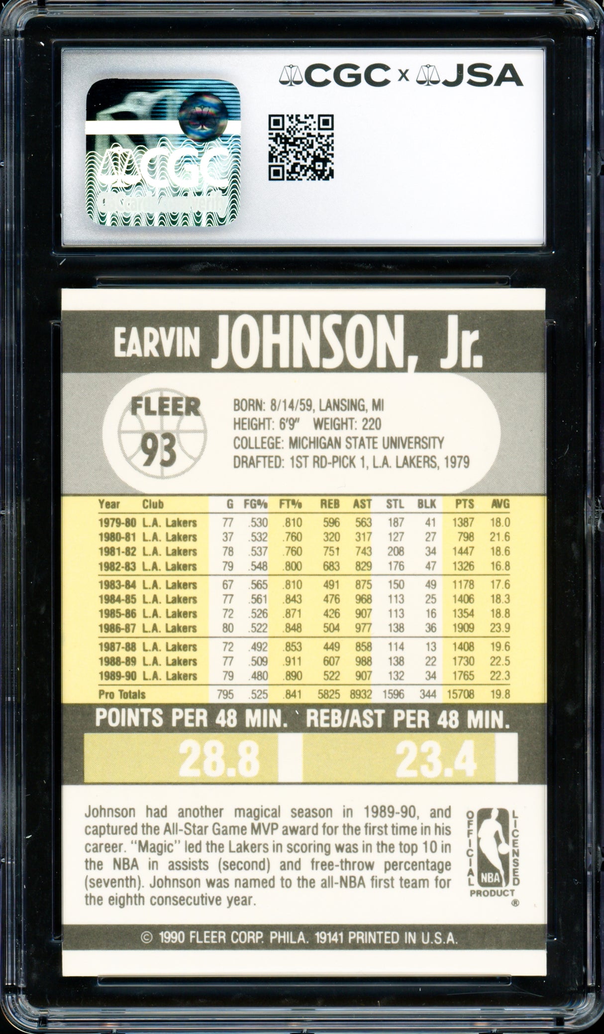 Magic Johnson Autographed 1990-91 Fleer Card #93 Los Angeles Lakers Auto Grade Gem Mint 10 CGC x JSA Stock #262954
