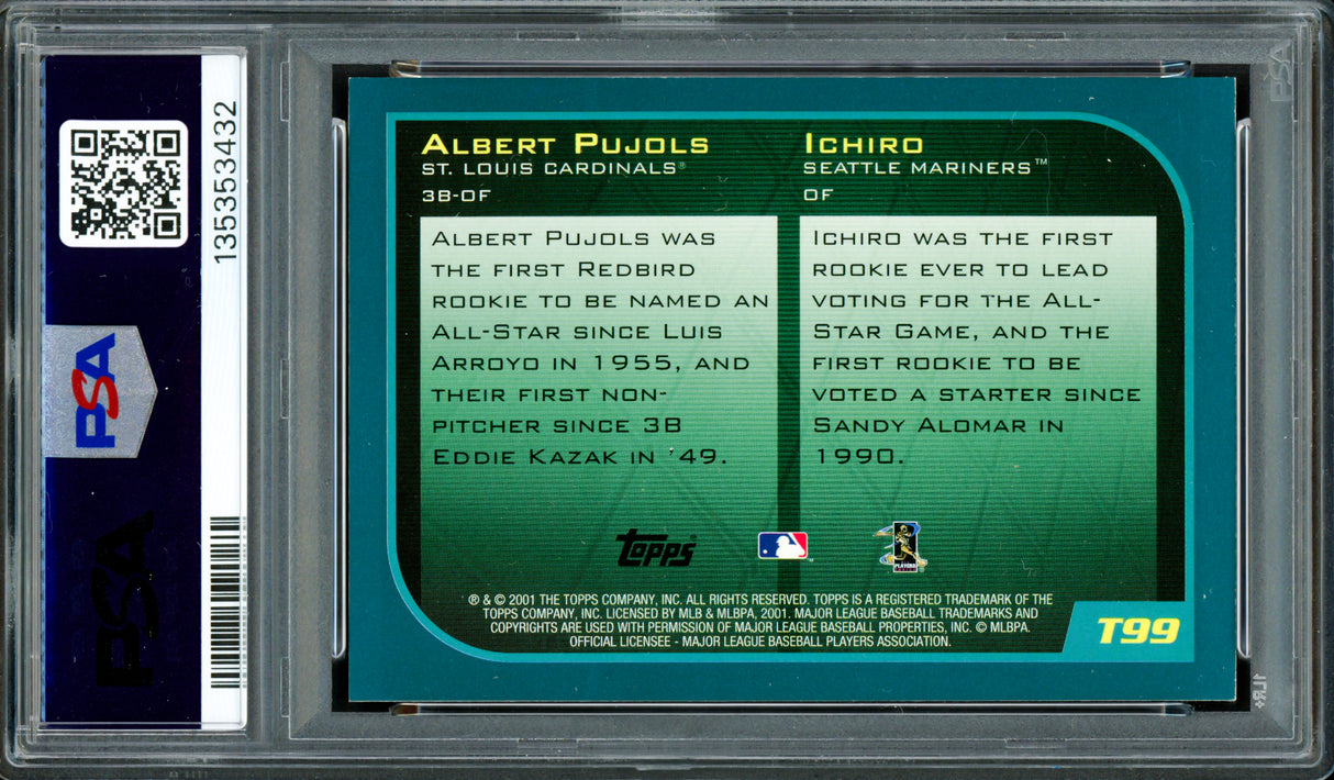 Albert Pujols & Ichiro Suzuki Autographed 2001 Topps Traded Rookie Card #T99 Auto Grade Gem Mint 10 "01 ROY" PSA/DNA #135353432
