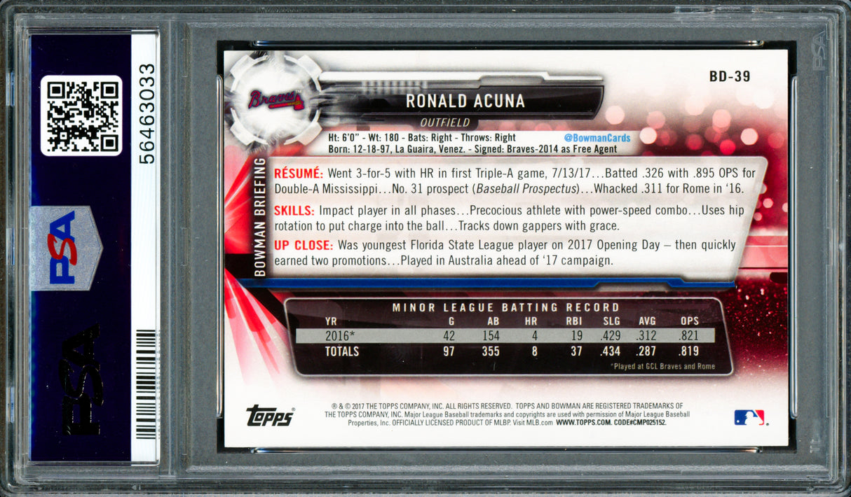 Ronald Acuna Jr. Autographed 2017 Bowman Draft Rookie Card #BD39 Atlanta Braves PSA 10 Auto Grade Mint 9 PSA/DNA #54663033