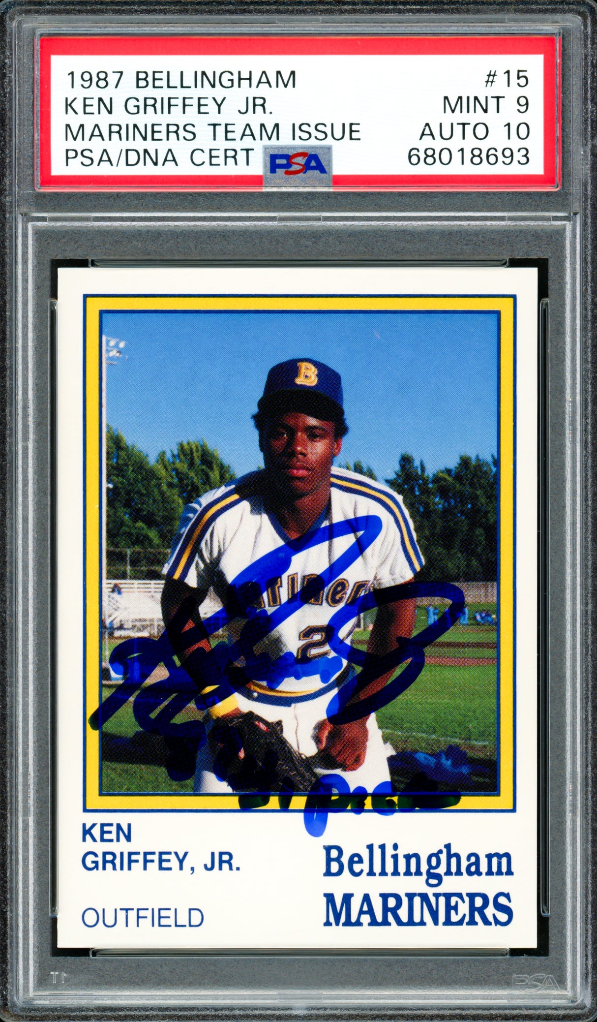 Ken Griffey Jr. Autographed 1987 Bellingham Rookie Card #15 Seattle Mariners PSA 9 Auto Grade Gem Mint 10 "87 #1 Pick" PSA/DNA #68018693