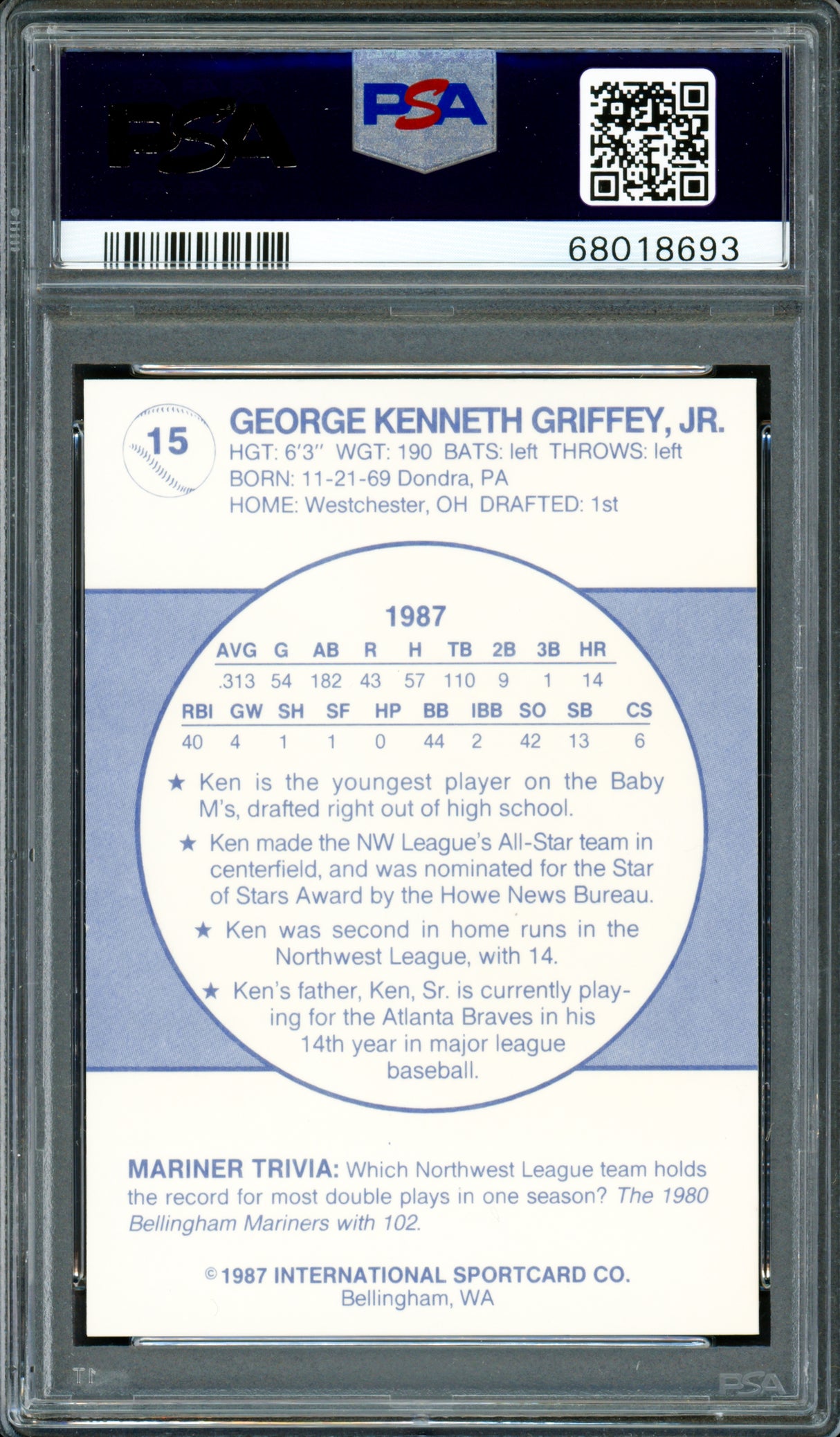 Ken Griffey Jr. Autographed 1987 Bellingham Rookie Card #15 Seattle Mariners PSA 9 Auto Grade Gem Mint 10 "87 #1 Pick" PSA/DNA #68018693