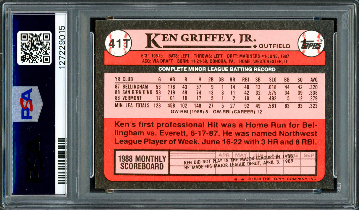 Ken Griffey Jr. Autographed 1989 Topps Traded Tiffany Rookie Card #41T Seattle Mariners PSA 9 Auto Grade Gem Mint 10 PSA/DNA #127229015