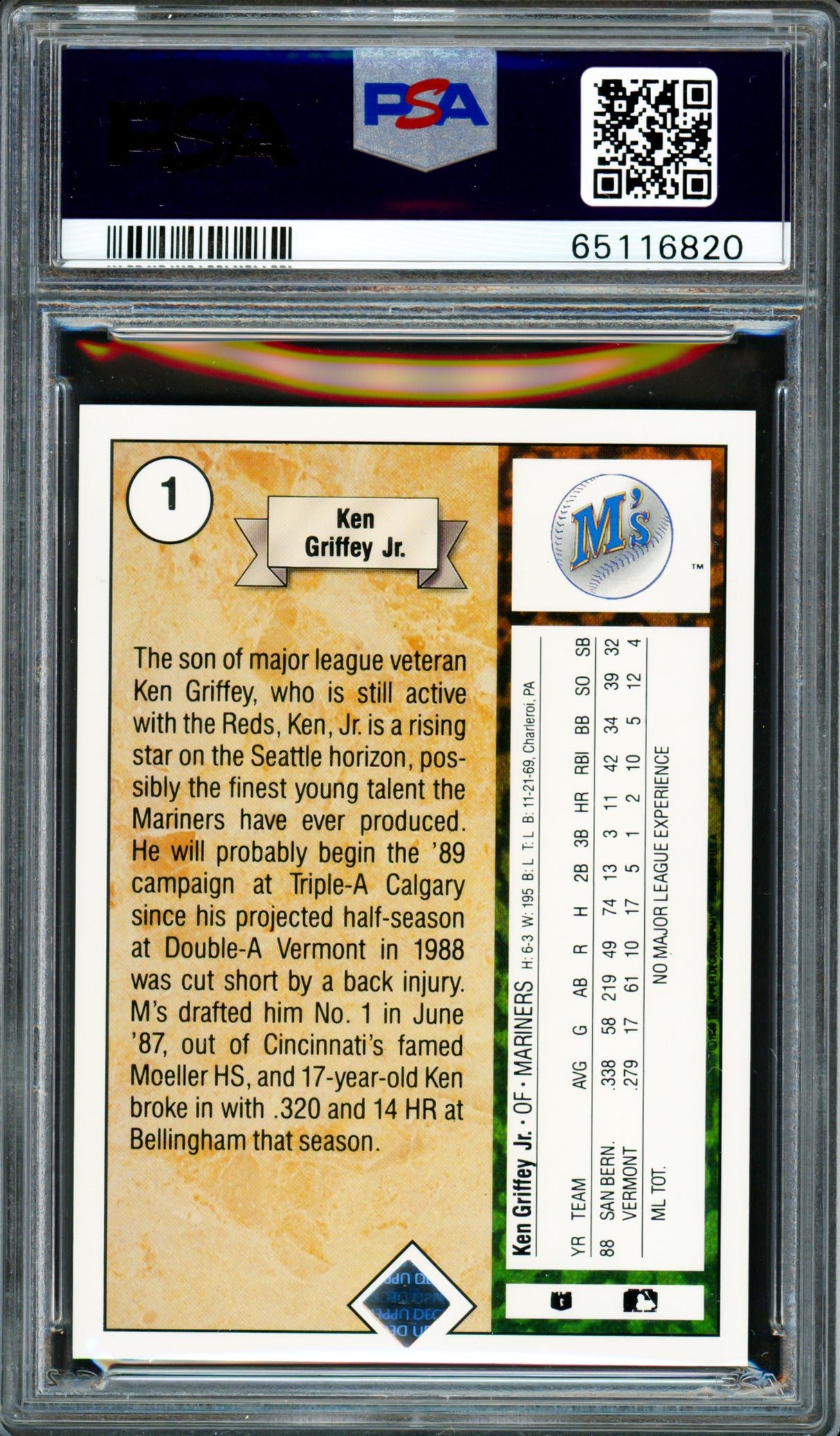 Ken Griffey Jr. Autographed 1989 Upper Deck Rookie Card #1 Seattle Mariners PSA 9 Auto Grade Gem Mint 10 PSA/DNA #65116820