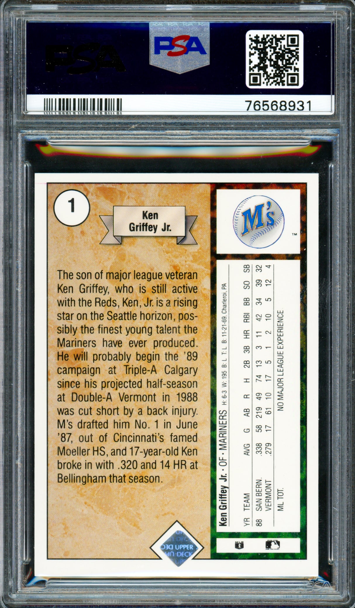 Ken Griffey Jr. Autographed 1989 Upper Deck Rookie Card #1 Seattle Mariners PSA 9 Auto Grade Mint 9 PSA/DNA #75668931