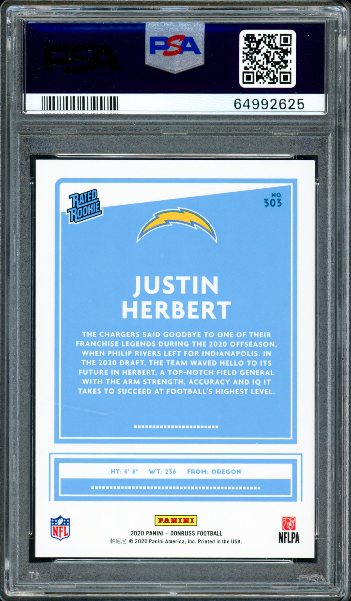 Justin Herbert Autographed 2020 Panini Donruss Rated Rookie Card #303 Los Angeles Chargers PSA 10 Auto Grade Gem Mint 10 PSA/DNA #64992625