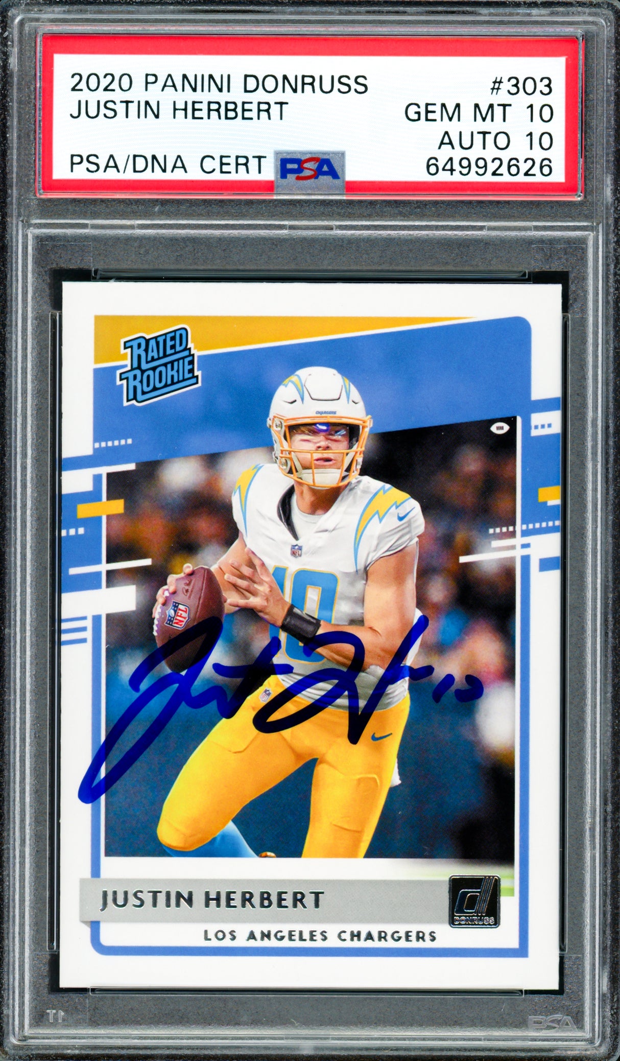 Justin Herbert Autographed 2020 Panini Donruss Rated Rookie Card #303 Los Angeles Chargers PSA 10 Auto Grade Gem Mint 10 PSA/DNA #64992626