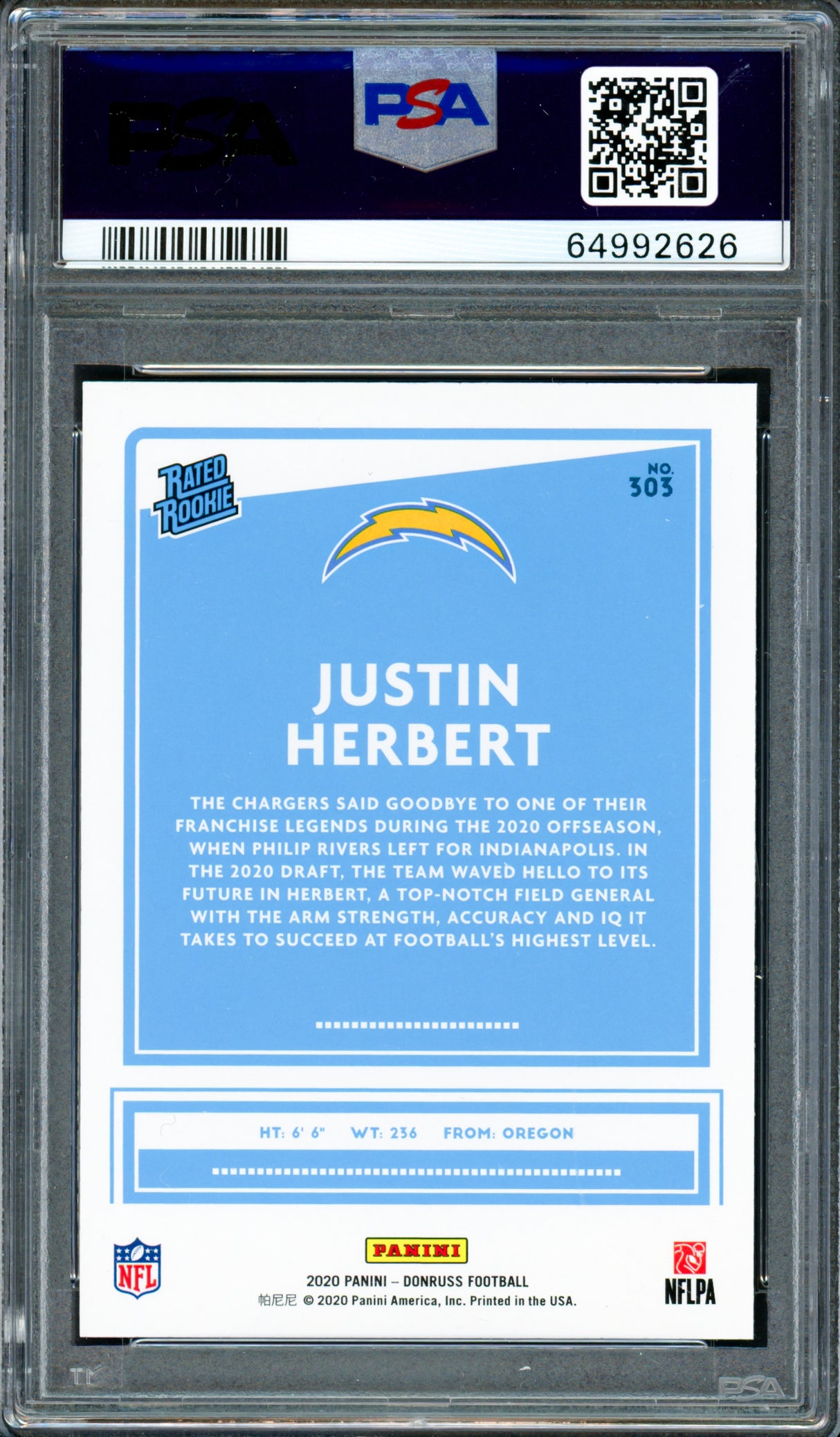 Justin Herbert Autographed 2020 Panini Donruss Rated Rookie Card #303 Los Angeles Chargers PSA 10 Auto Grade Gem Mint 10 PSA/DNA #64992626
