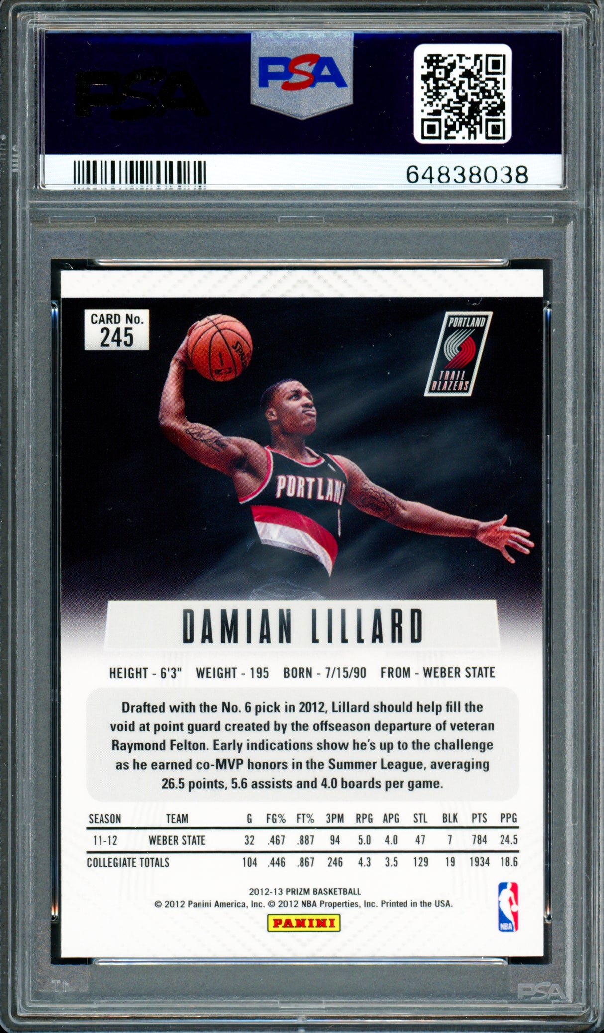 Damian Lillard Autographed 2012 Panini Prizm Rookie Card #245 Portland Trail Blazers PSA 10 Auto Grade Gem Mint 10 PSA/DNA #64838038