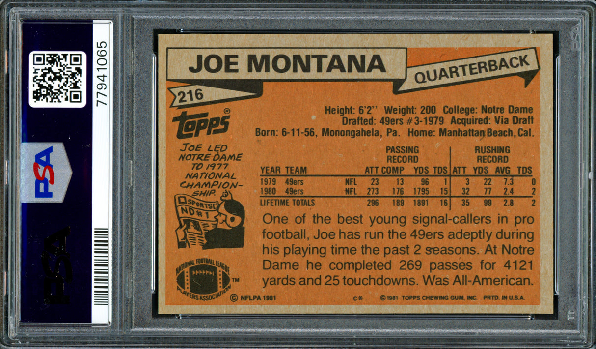 Joe Montana Autographed 1981 Topps Rookie Card #216 San Francisco 49ers PSA 7 Auto Grade Gem Mint 10 PSA/DNA #77941065