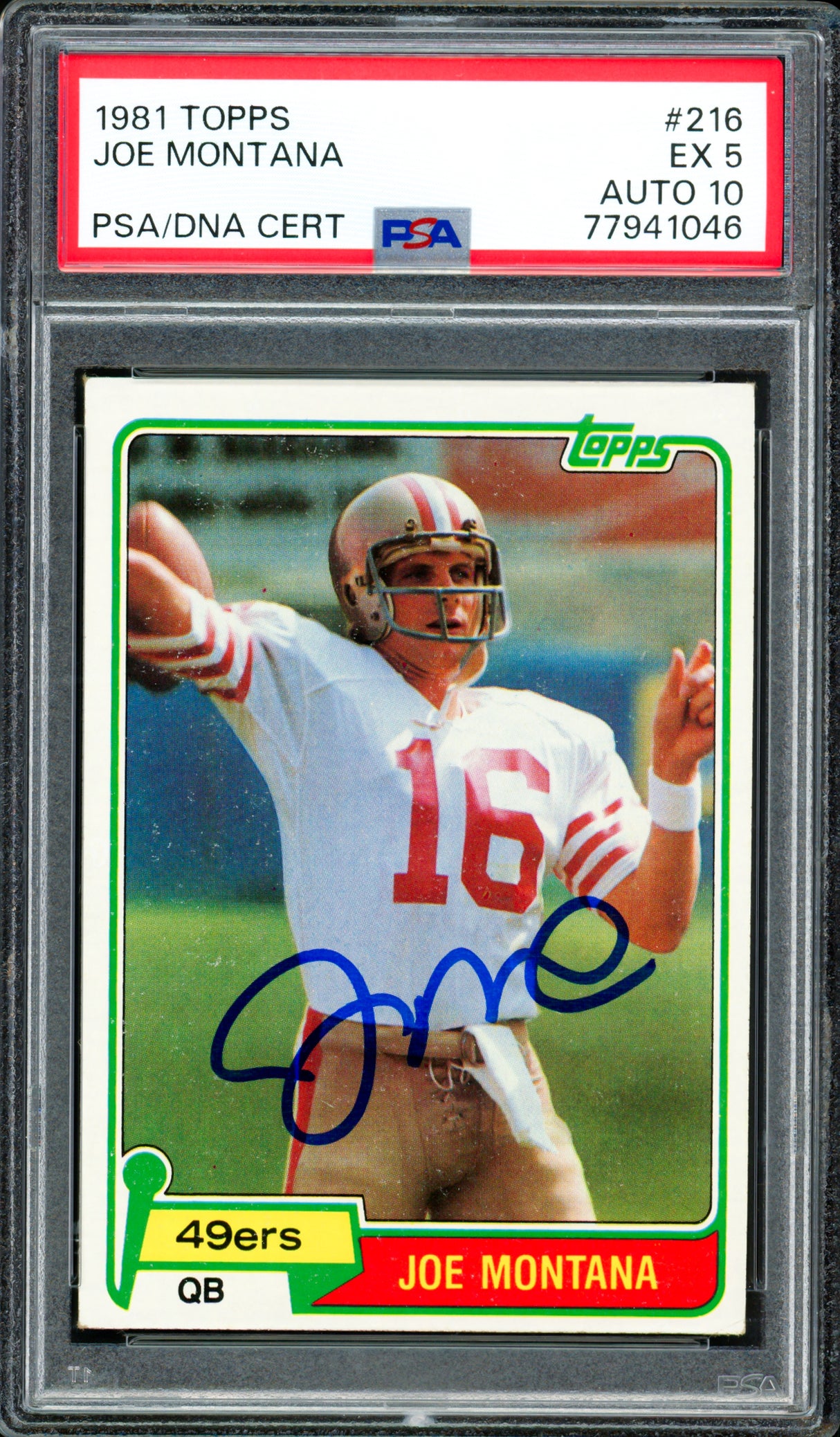 Joe Montana Autographed 1981 Topps Rookie Card #216 San Francisco 49ers PSA 5 Auto Grade Gem Mint 10 PSA/DNA #77941046