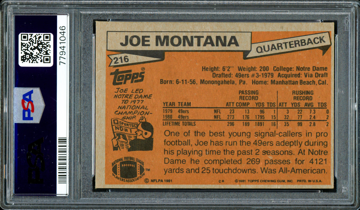Joe Montana Autographed 1981 Topps Rookie Card #216 San Francisco 49ers PSA 5 Auto Grade Gem Mint 10 PSA/DNA #77941046
