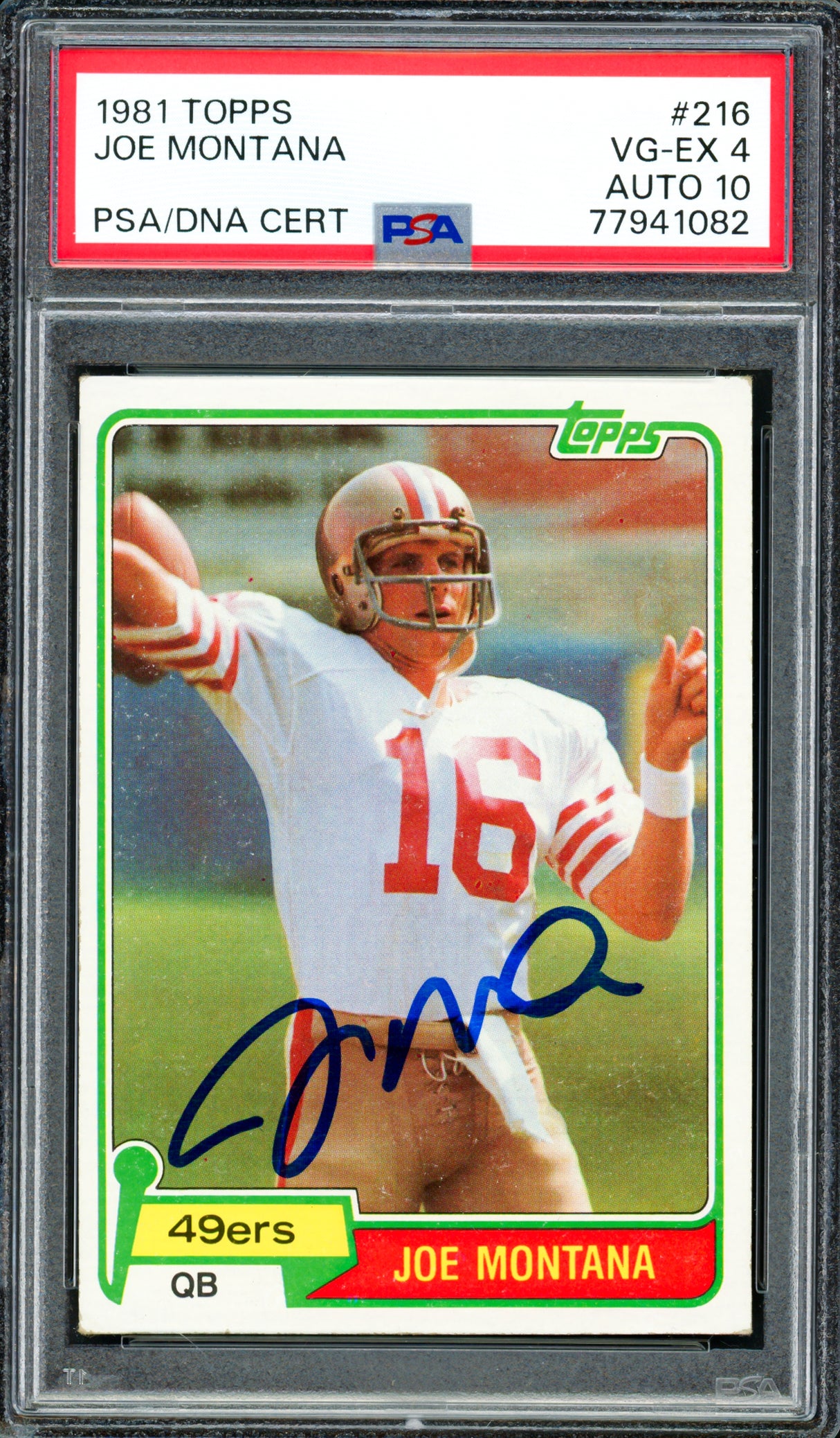 Joe Montana Autographed 1981 Topps Rookie Card #216 San Francisco 49ers PSA 4 Auto Grade Gem Mint 10 PSA/DNA #77941082
