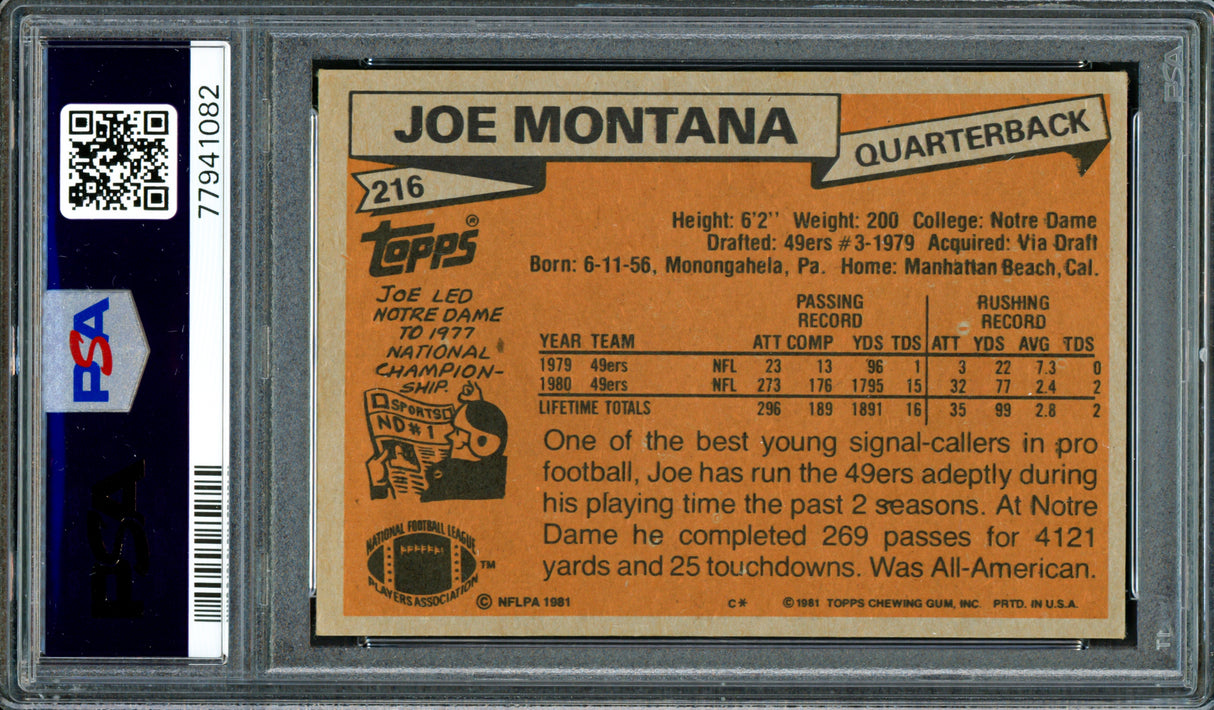 Joe Montana Autographed 1981 Topps Rookie Card #216 San Francisco 49ers PSA 4 Auto Grade Gem Mint 10 PSA/DNA #77941082