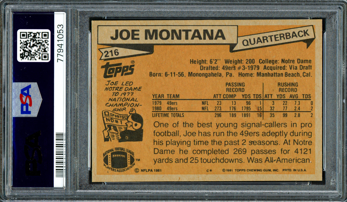Joe Montana Autographed 1981 Topps Rookie Card #216 San Francisco 49ers Auto Grade Gem Mint 10 PSA/DNA #77941053