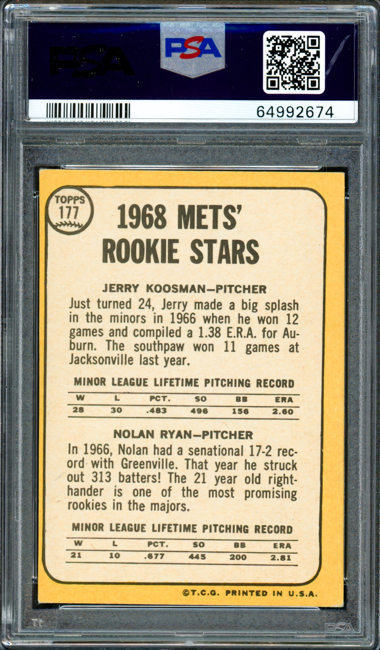 Nolan Ryan Autographed 1968 Topps Rookie Card #177 New York Mets PSA 5 Auto Grade Gem Mint 10 PSA/DNA #64992674