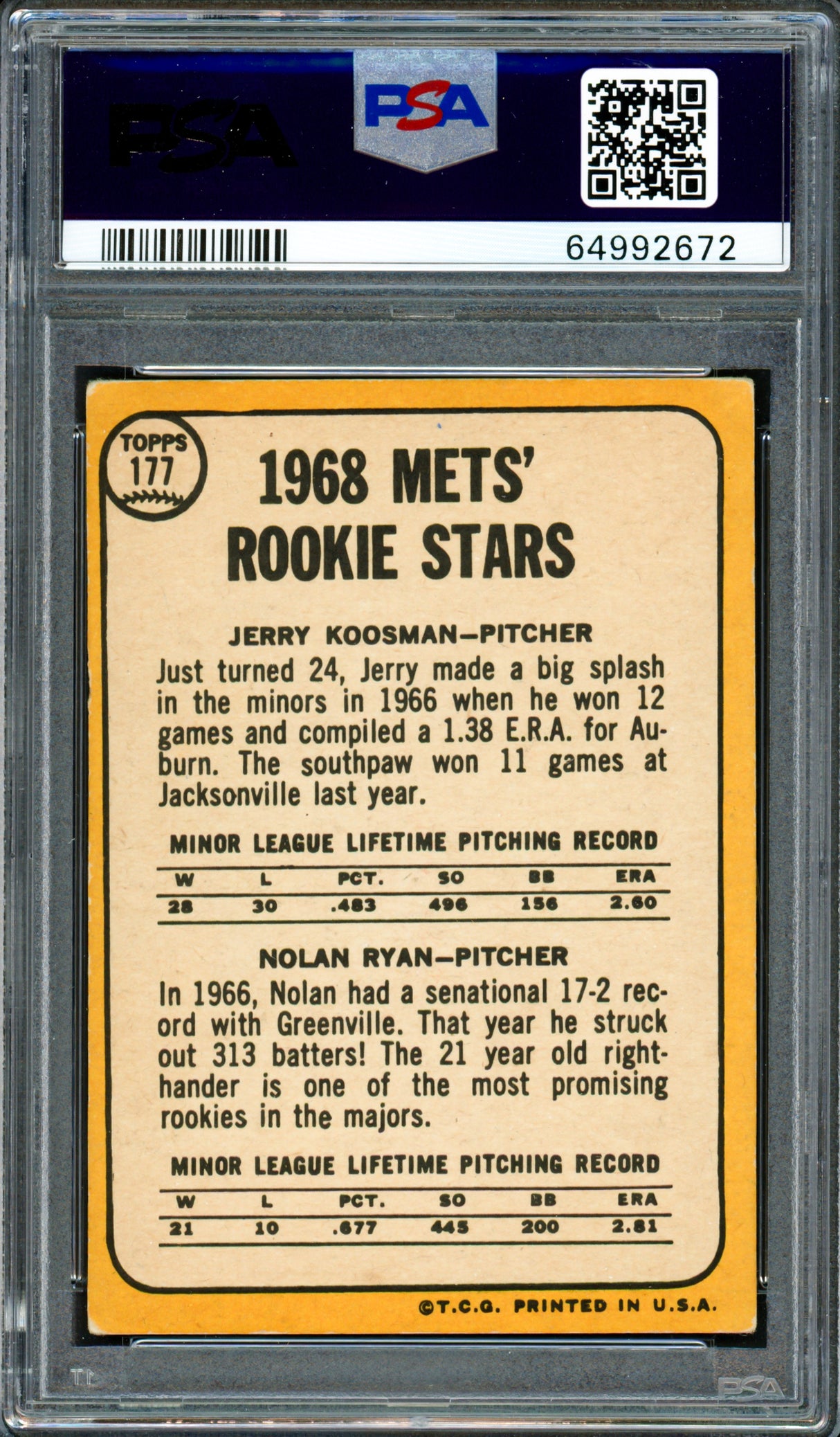 Nolan Ryan Autographed 1968 Topps Rookie Card #177 New York Mets PSA 3 Auto Grade Gem Mint 10 PSA/DNA #64992672