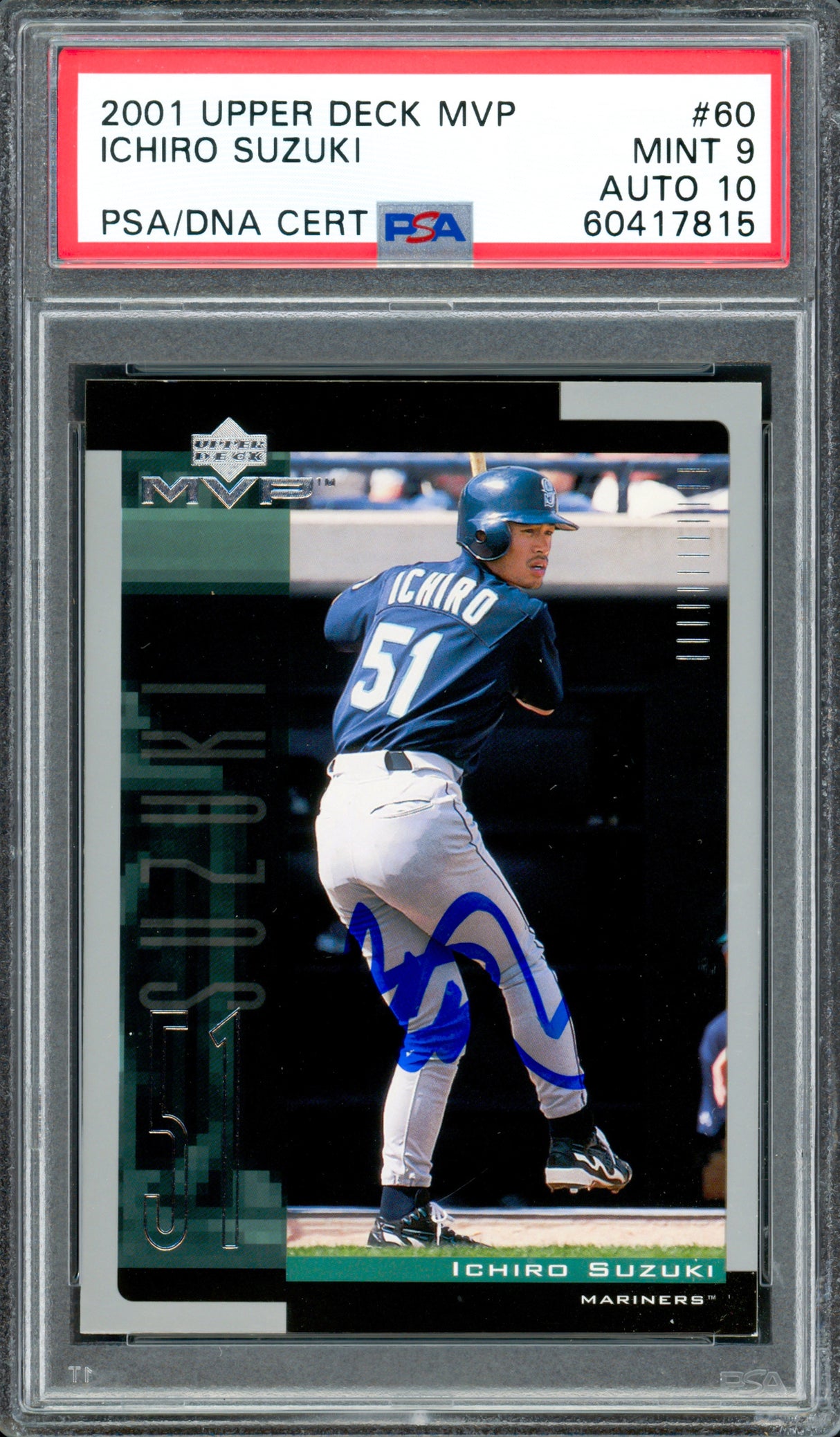 Ichiro Suzuki Autographed 2001 UD MVP Blue Rookie Card #60 Seattle Mariners PSA 9 Auto Grade Gem Mint 10 PSA/DNA #60417815