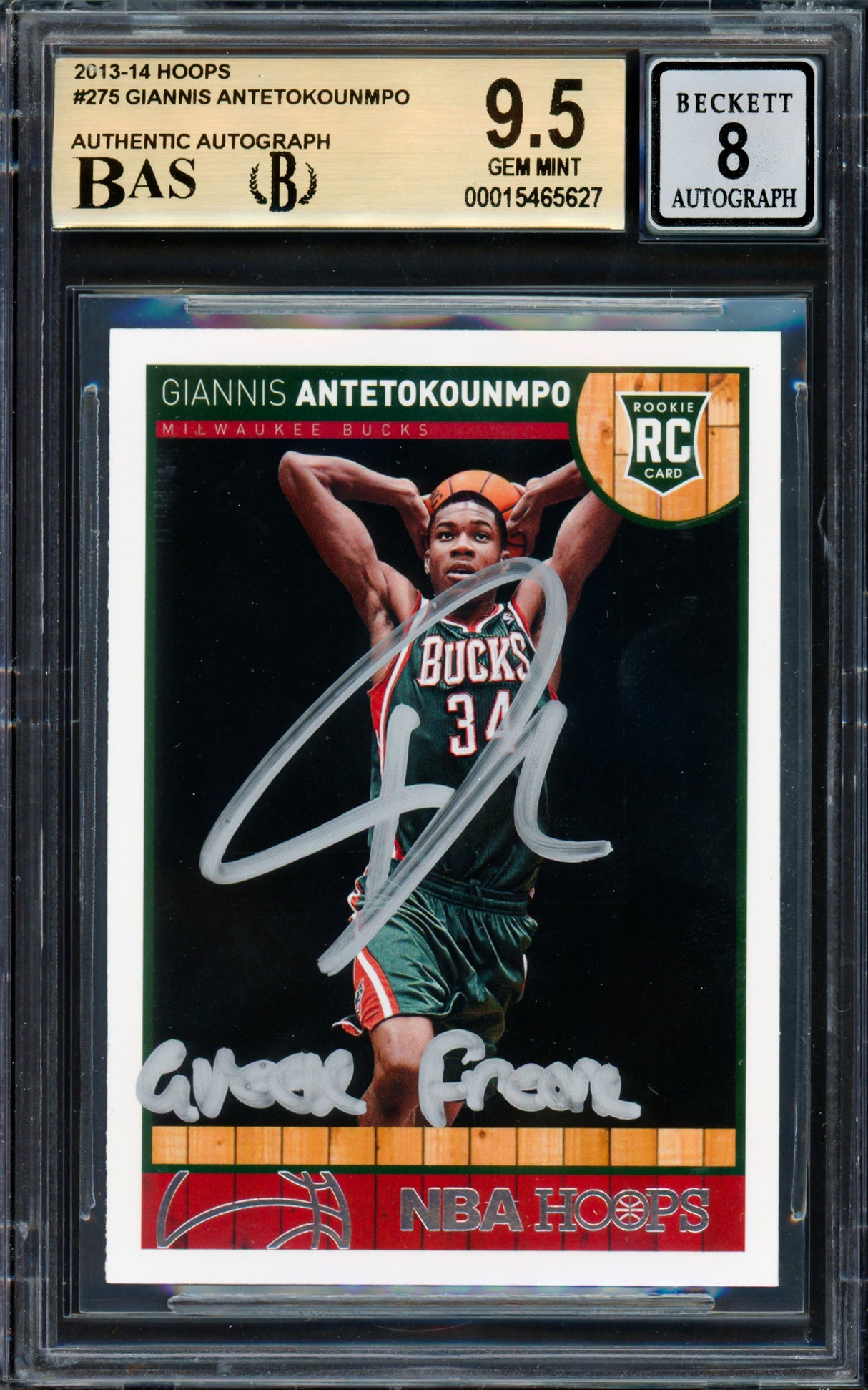 Giannis Antetokounmpo Autographed 2013 Panini Hoops Rookie Card #275 Milwaukee Bucks BGS 9.5 Auto Grade Near Mint/Mint 8 "Greek Freak" Beckett BAS #15465627