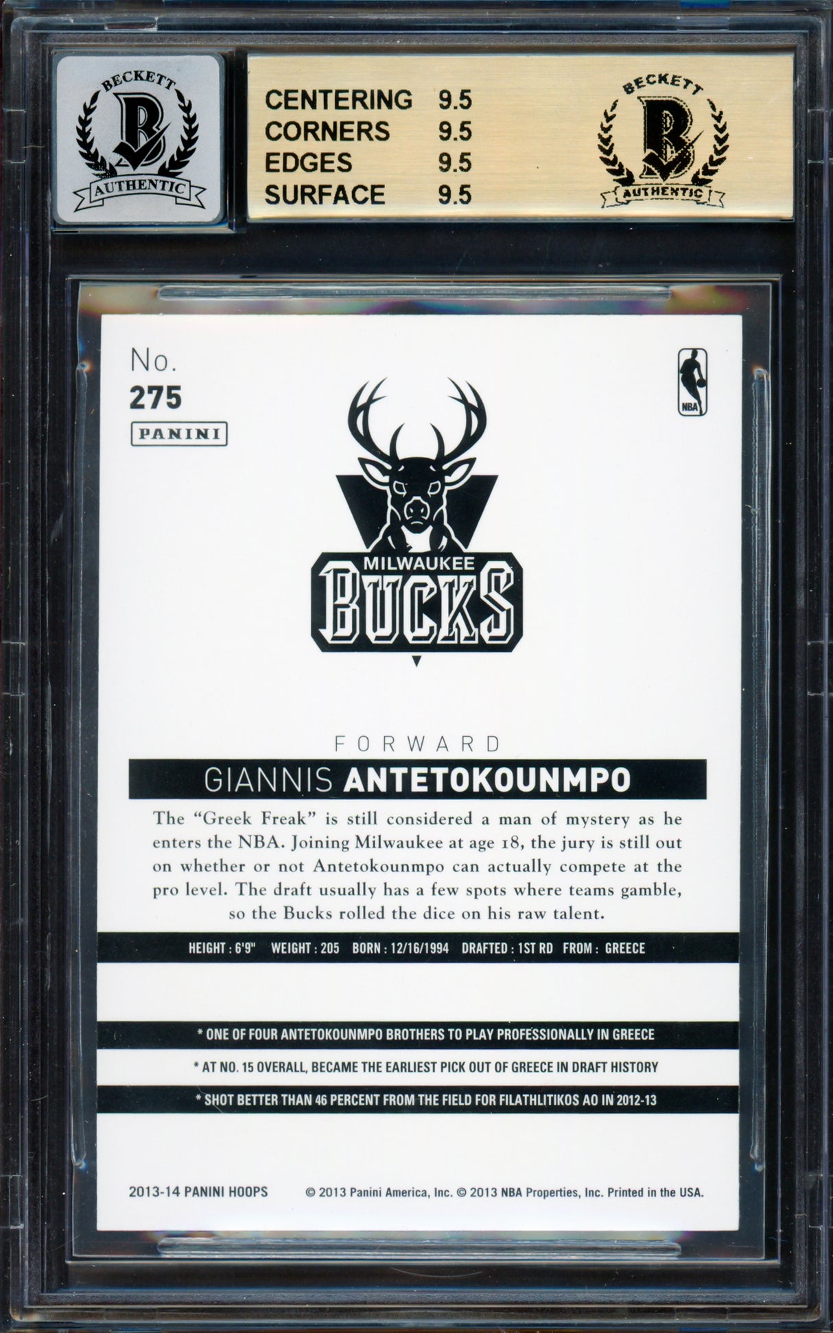 Giannis Antetokounmpo Autographed 2013 Panini Hoops Rookie Card #275 Milwaukee Bucks BGS 9.5 Auto Grade Near Mint/Mint 8 "Greek Freak" Beckett BAS #15465627