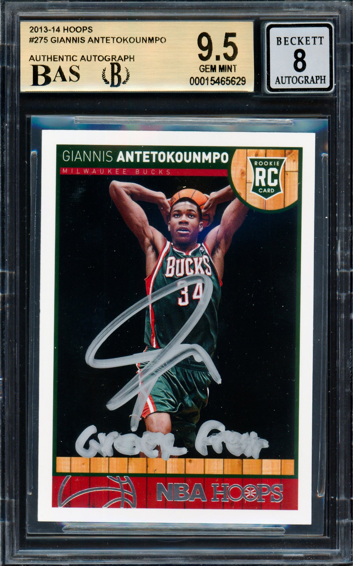 Giannis Antetokounmpo Autographed 2013 Panini Hoops Rookie Card #275 Milwaukee Bucks BGS 9.5 Auto Grade Near Mint/Mint 8 "Greek Freak" Beckett BAS #15465629