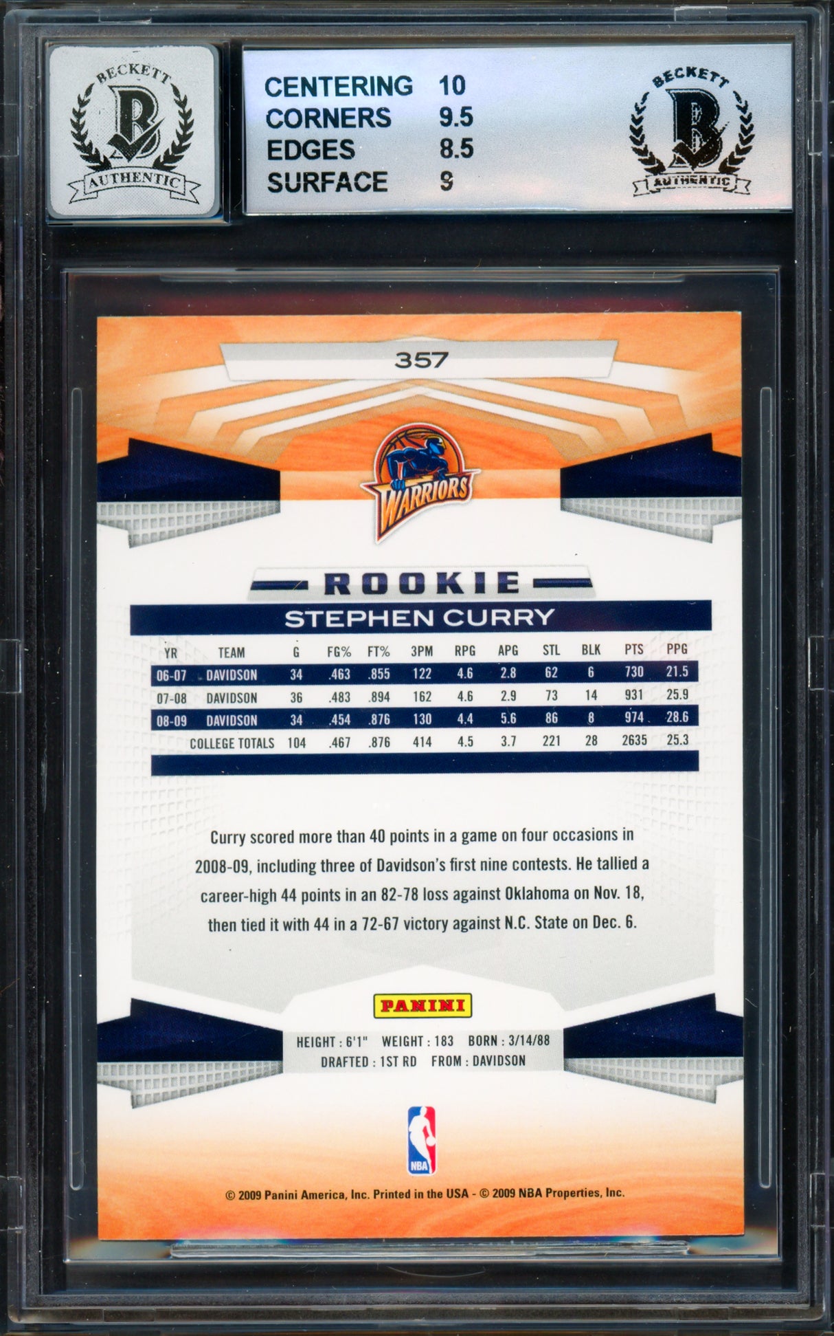 Stephen Curry Autographed 2009-10 Panini Rookie Card #357 Golden State Warriors BGS 9 Auto Grade Gem Mint 10 (Aftermarket Sticker) Beckett BAS #18113325