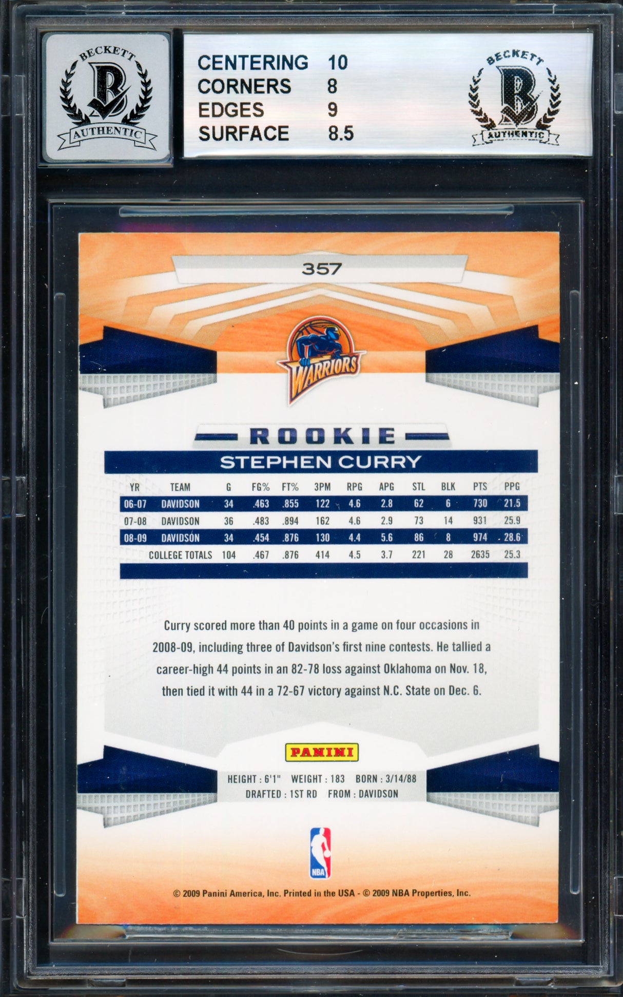 Stephen Curry Autographed 2009-10 Panini Rookie Card #357 Golden State Warriors BGS 8.5 Auto Grade Mint 9 (Aftermarket Sticker) Beckett BAS #18954953