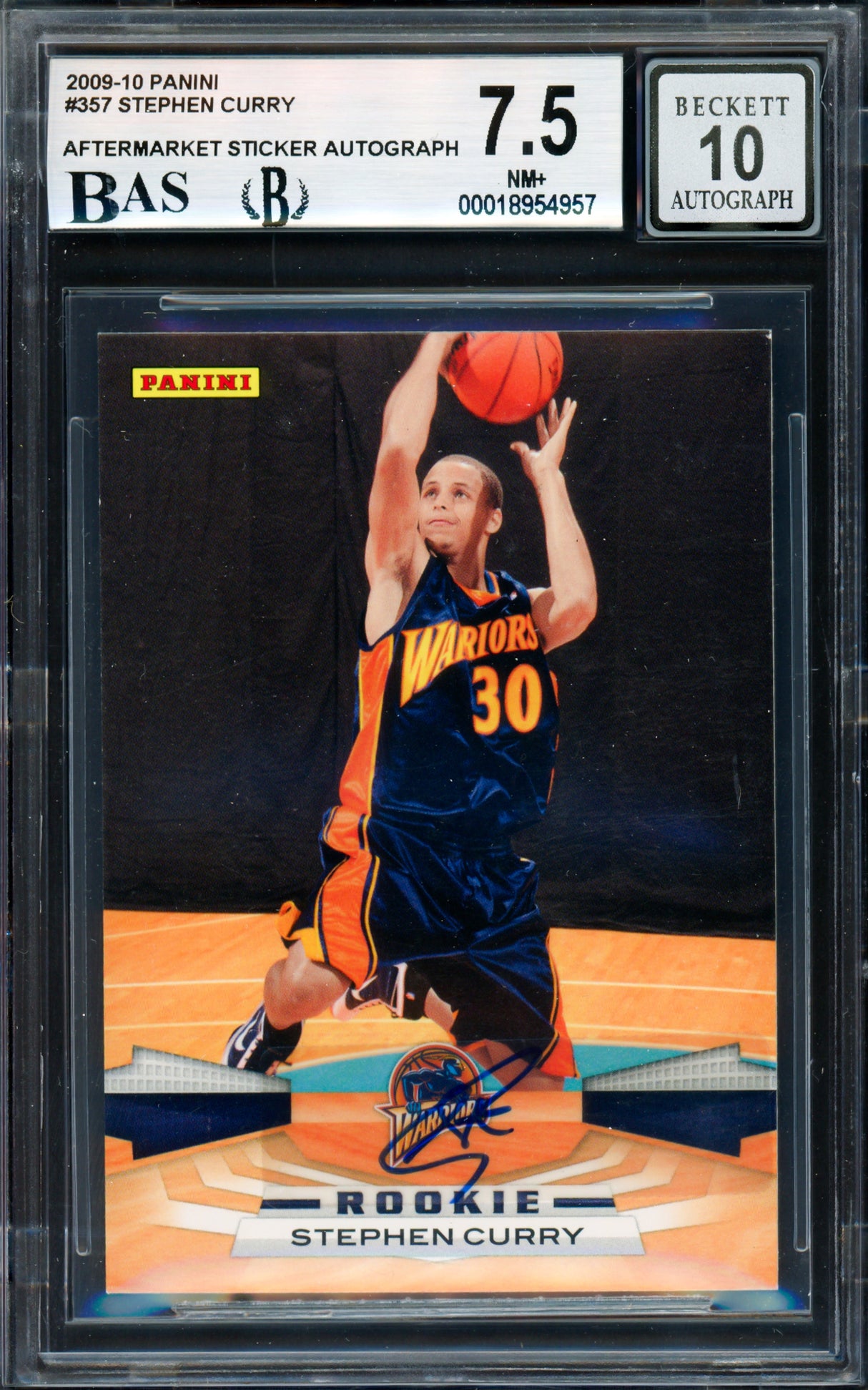 Stephen Curry Autographed 2009-10 Panini Rookie Card #357 Golden State Warriors BGS 7.5 Auto Grade Gem Mint 10 (Aftermarket Sticker) Beckett BAS #18954957