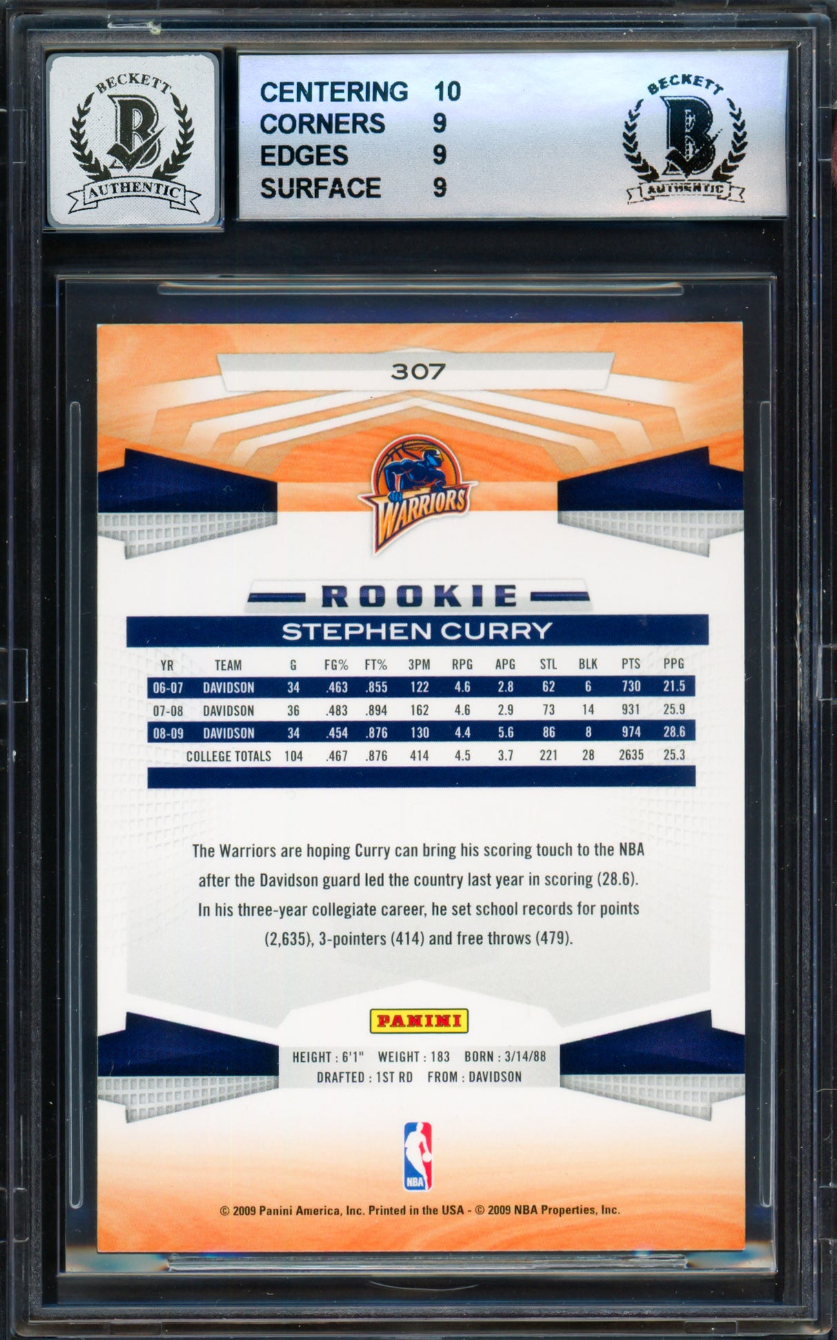 Stephen Curry Autographed 2009-10 Panini Rookie Card #307 Golden State Warriors BGS 9 Auto Grade Gem Mint 10 (Aftermarket Sticker) Beckett BAS #18113339
