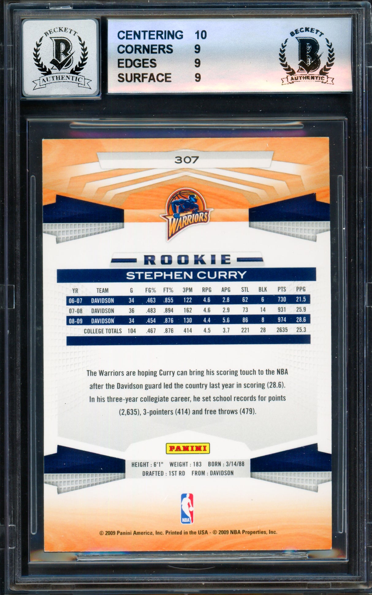 Stephen Curry Autographed 2009-10 Panini Rookie Card #307 Golden State Warriors BGS 9 Auto Grade Gem Mint 10 (Aftermarket Sticker) Beckett BAS #18113341