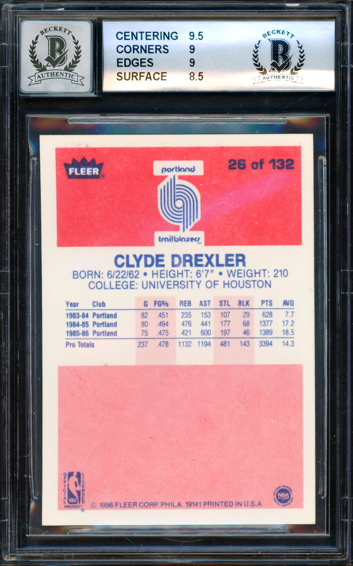 Clyde Drexler Autographed 1986 Fleer "The Glide" Rookie Card #26 Portland Trail Blazers BGS 9 Auto Grade Gem Mint 10 Beckett BAS #15530308