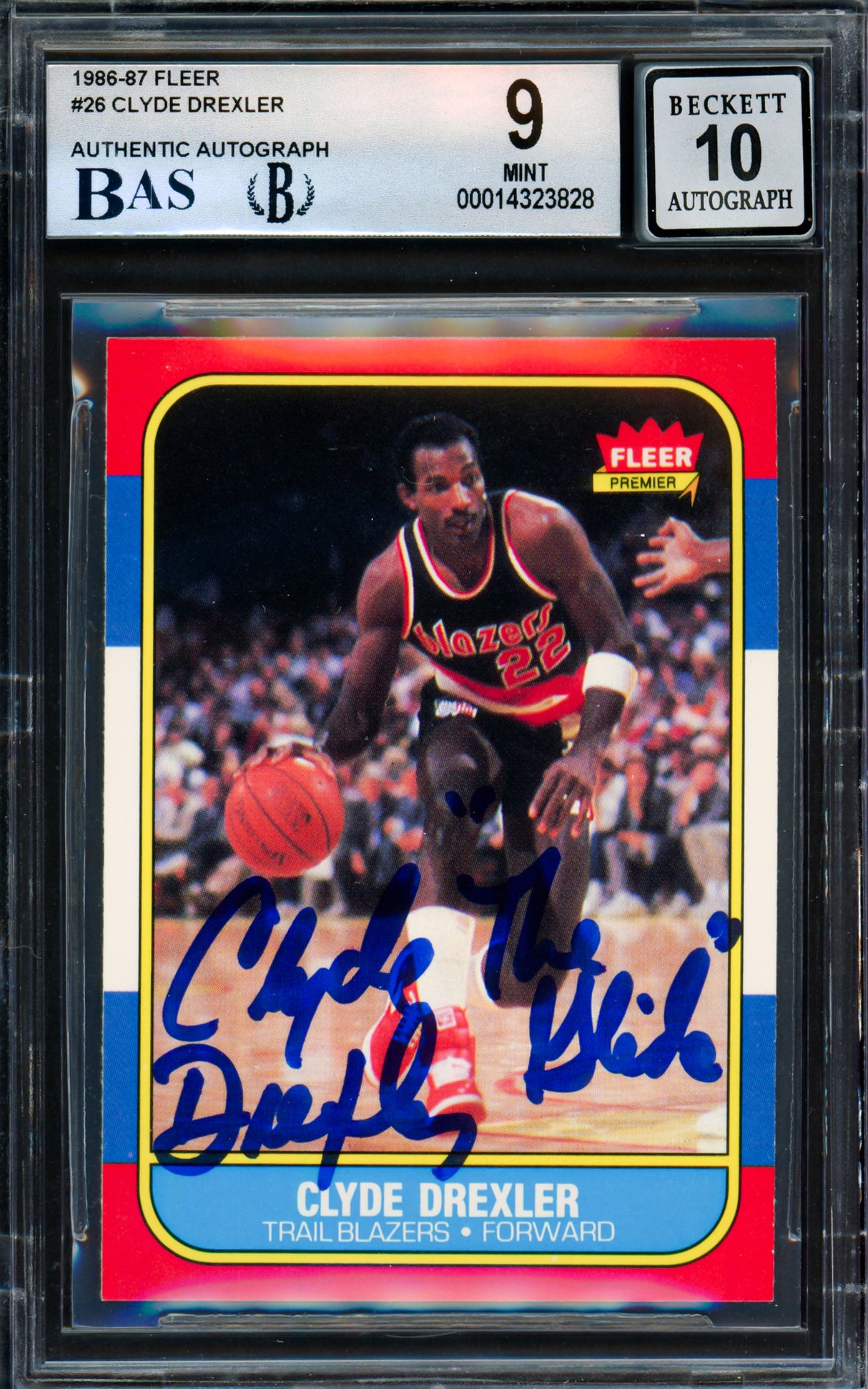 Clyde Drexler Autographed 1986 Fleer "The Glide" Rookie Card #26 Portland Trail Blazers BGS 9 Auto Grade Gem Mint 10 Beckett BAS #14323828
