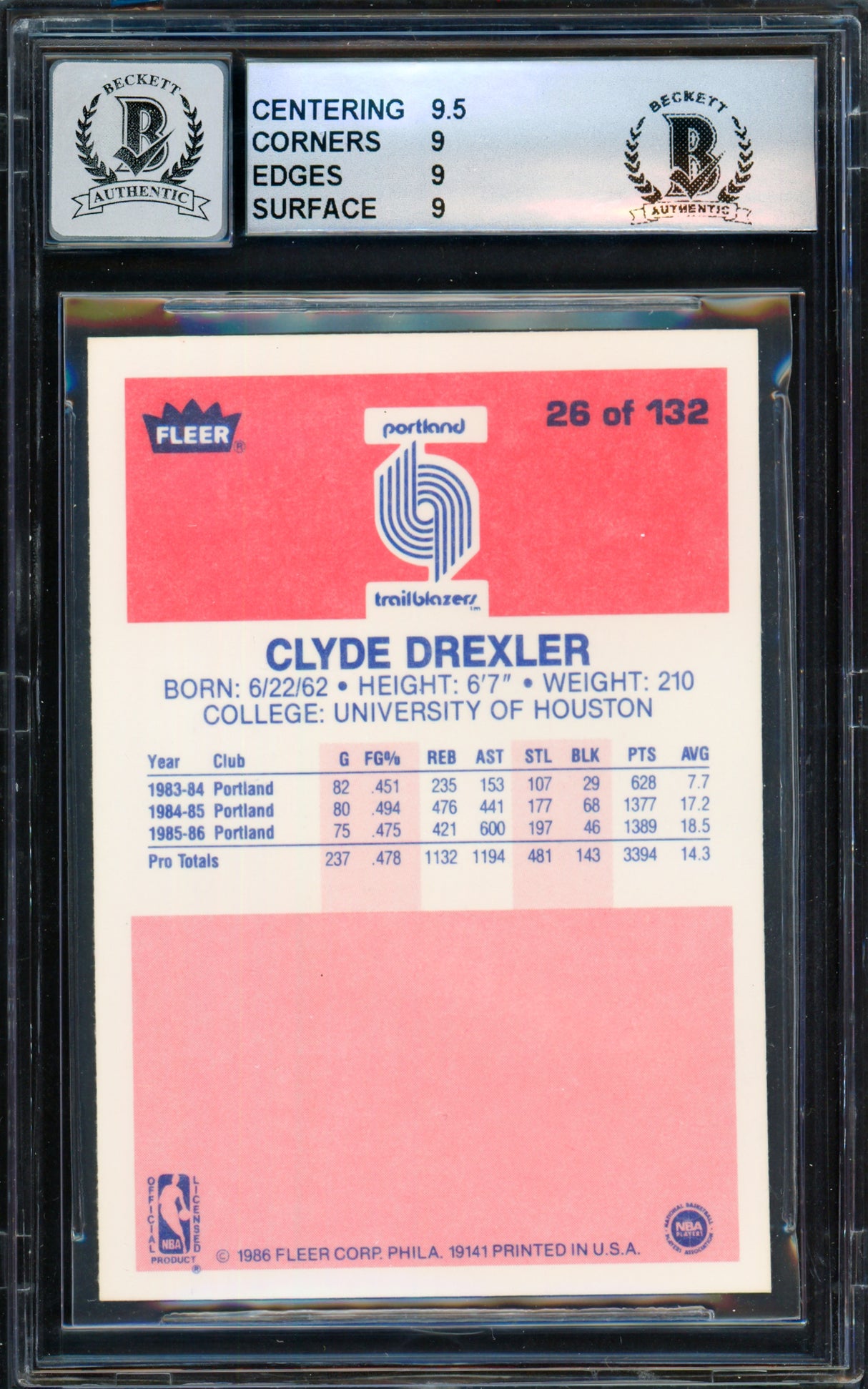 Clyde Drexler Autographed 1986 Fleer "The Glide" Rookie Card #26 Portland Trail Blazers BGS 9 Auto Grade Gem Mint 10 Beckett BAS #14323828
