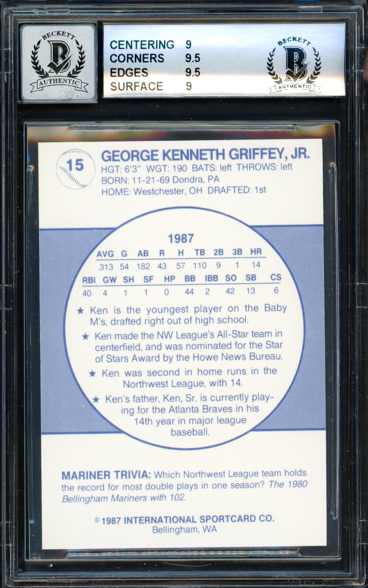 Ken Griffey Jr. Autographed 1987 Bellingham Rookie Card #15 Seattle Mariners BGS 9 Auto Grade Gem Mint 10 Beckett BAS #14727276