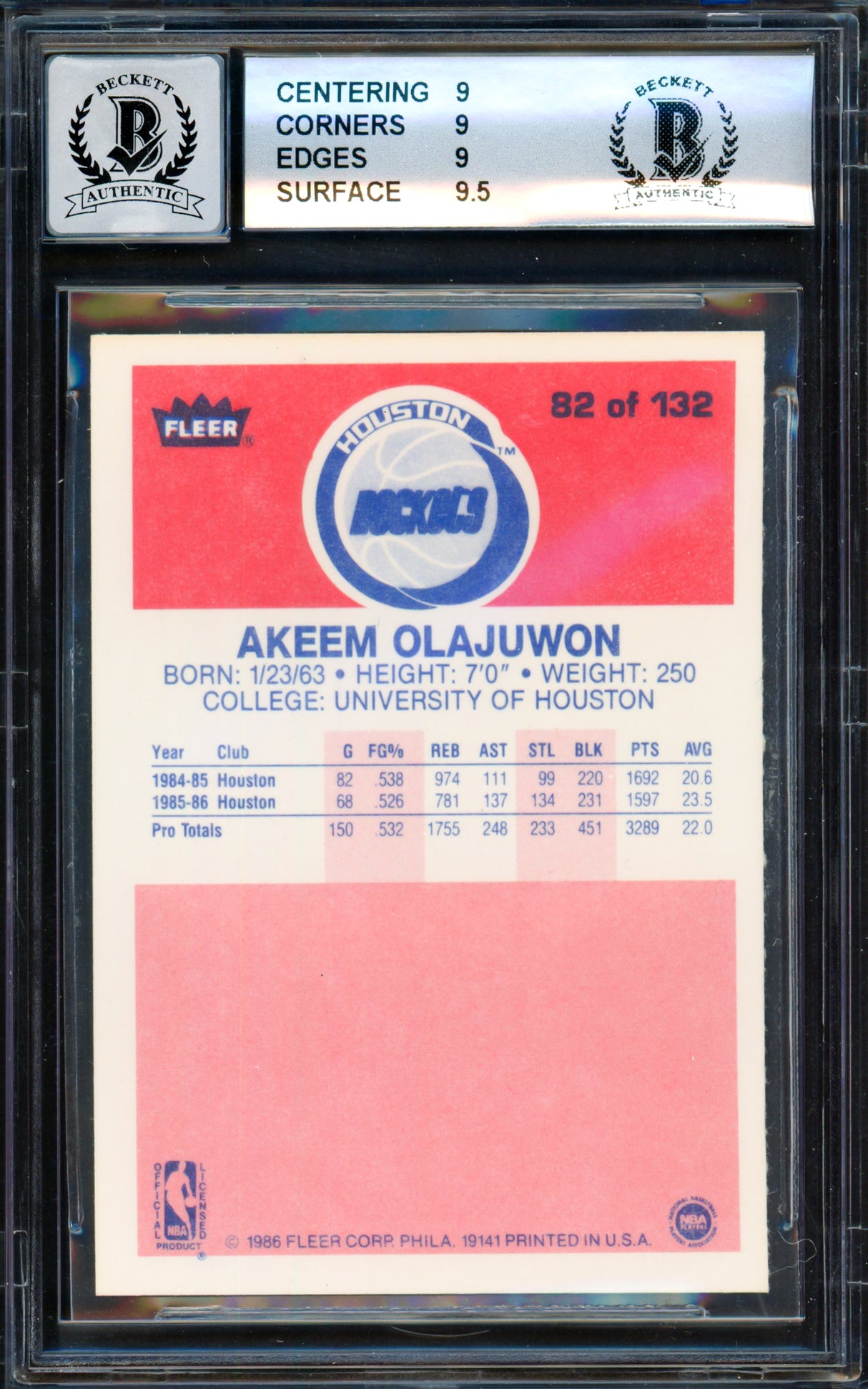 Hakeem Olajuwon Autographed 1986-87 Fleer "The Dream" Rookie Card #82 Houston Rockets BGS 9 Auto Grade Gem Mint 10 Beckett BAS #15530341