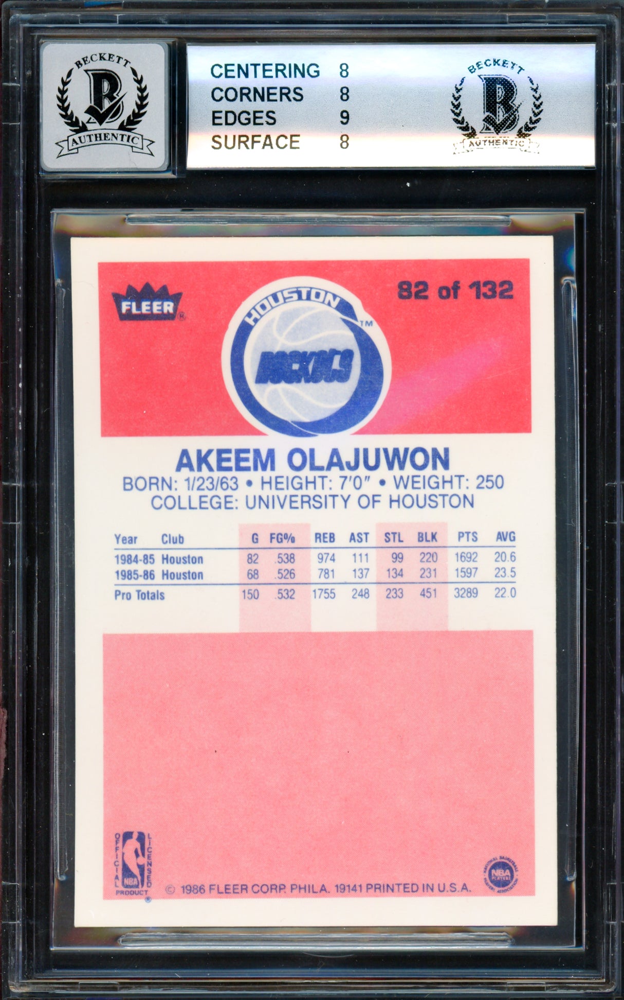 Hakeem Olajuwon Autographed 1986-87 Fleer "The Dream" Rookie Card #82 Houston Rockets BGS 8 Auto Grade Gem Mint 10 Beckett BAS #15530327