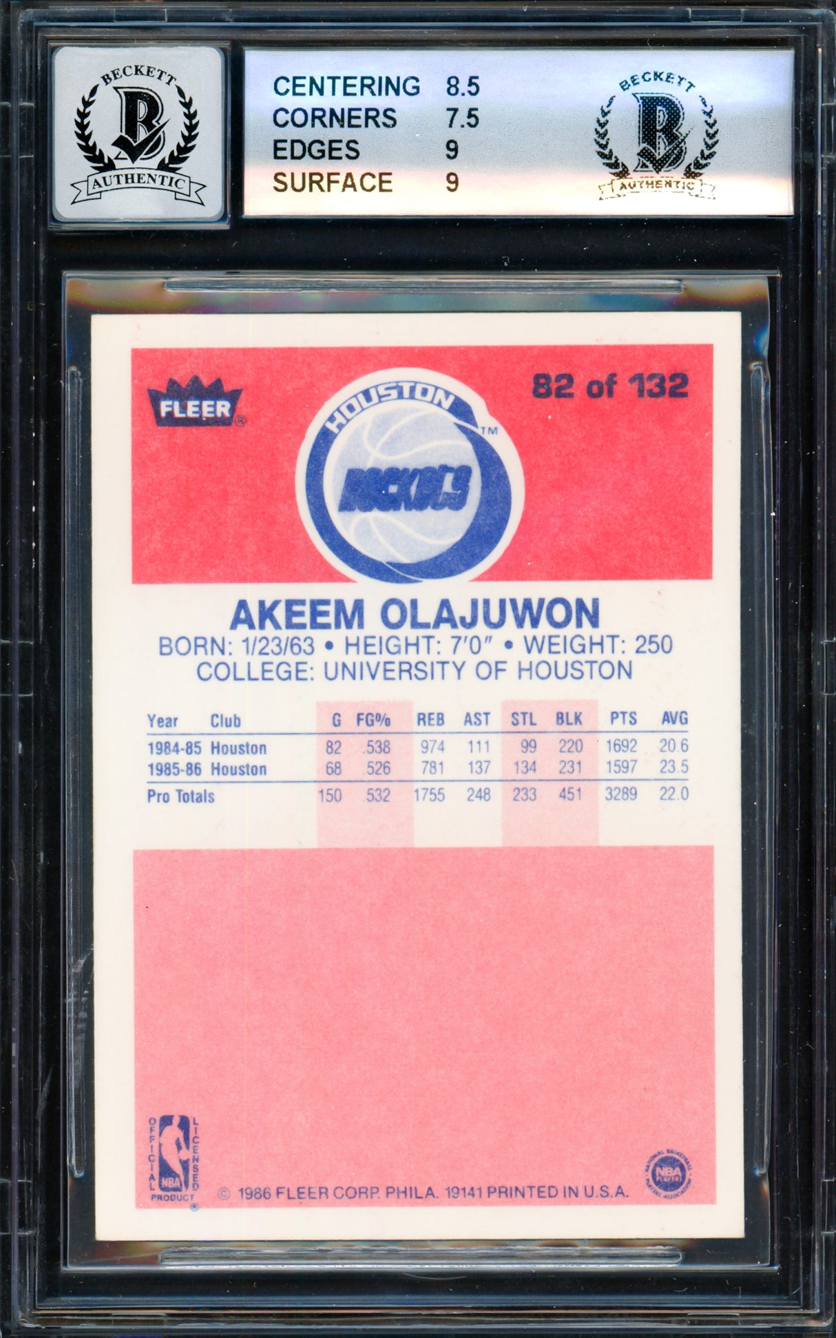 Hakeem Olajuwon Autographed 1986-87 Fleer "The Dream" Rookie Card #82 Houston Rockets BGS 8 Auto Grade Gem Mint 10 Beckett BAS #15530323