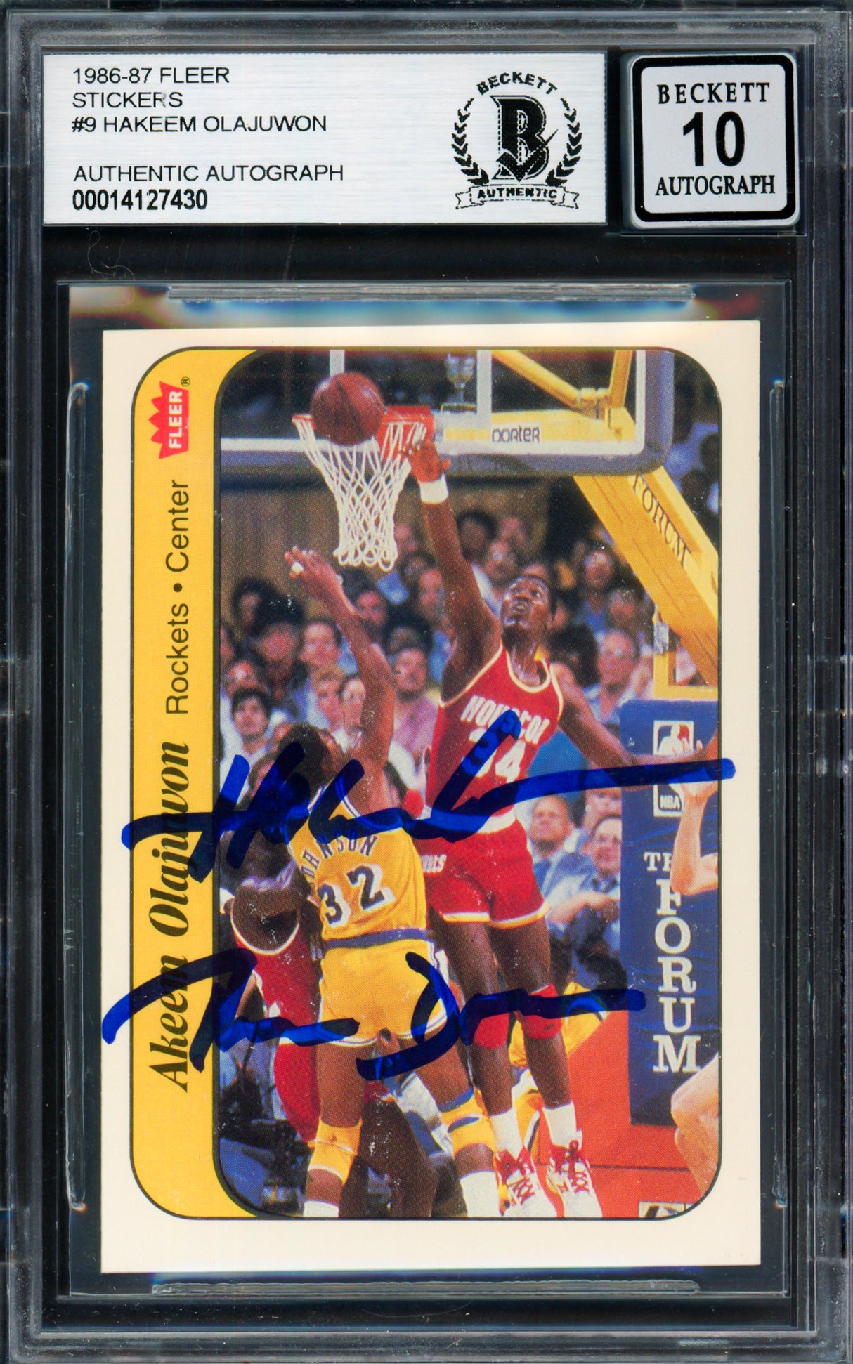 Hakeem Olajuwon Autographed 1986 Fleer Stickers "The Dream" Rookie Card #9 Houston Rockets Auto Grade Gem Mint 10 Beckett BAS #14127430