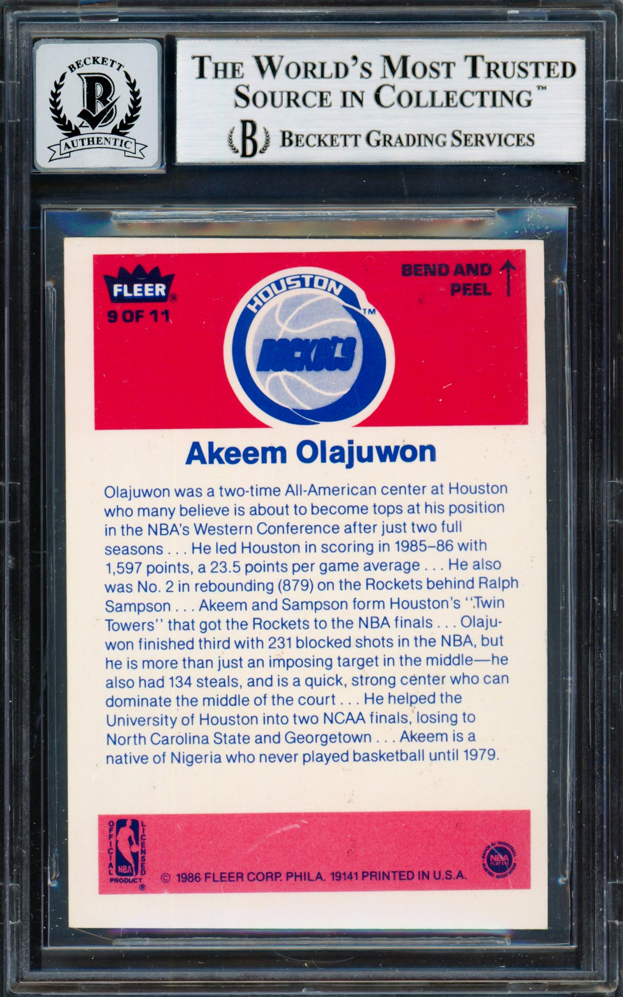 Hakeem Olajuwon Autographed 1986 Fleer Stickers "The Dream" Rookie Card #9 Houston Rockets Auto Grade Gem Mint 10 Beckett BAS #14127430