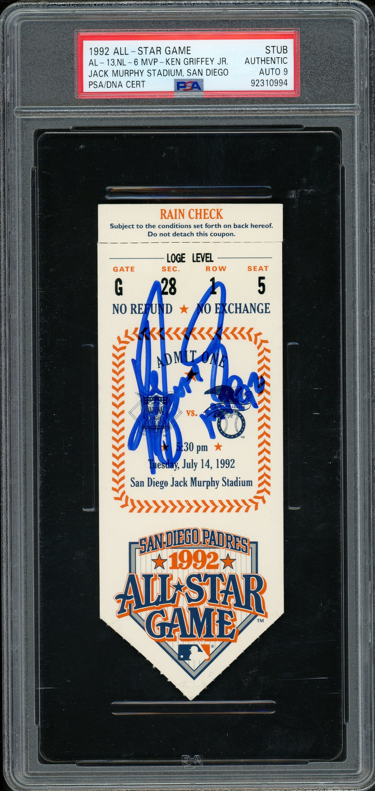 Ken Griffey Jr. Autographed 1992 All Star Game Ticket Seattle Mariners Auto Grade Mint 9 "MVP 92" PSA/DNA #92310994
