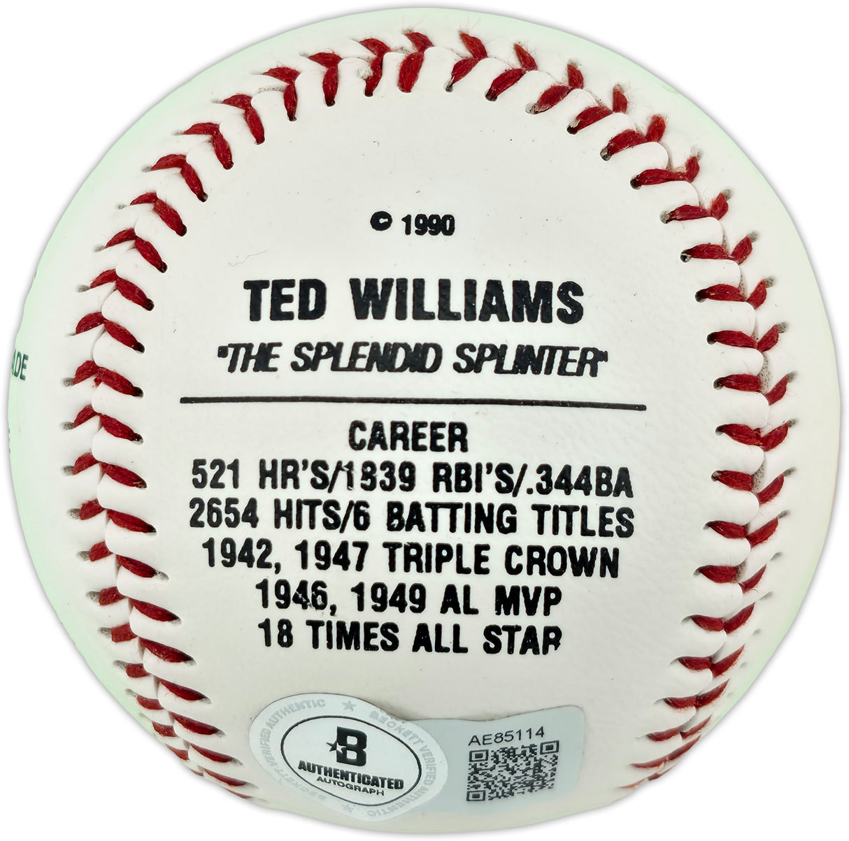 Ted Williams Autographed Official Fotoball Baseball Boston Red Sox Beckett BAS #AE85114