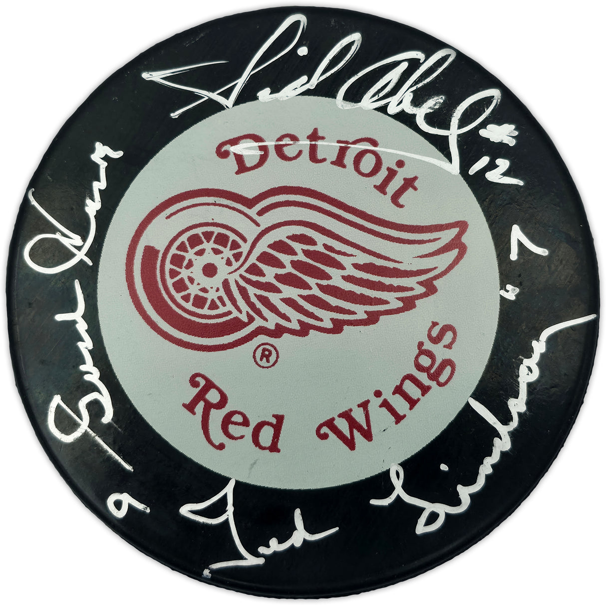 Gordie Howe, Sid Abel, & Ted Lindsay Autographed Official Detroit Red Wings Logo Hockey Puck Production Line Beckett BAS #AE85129