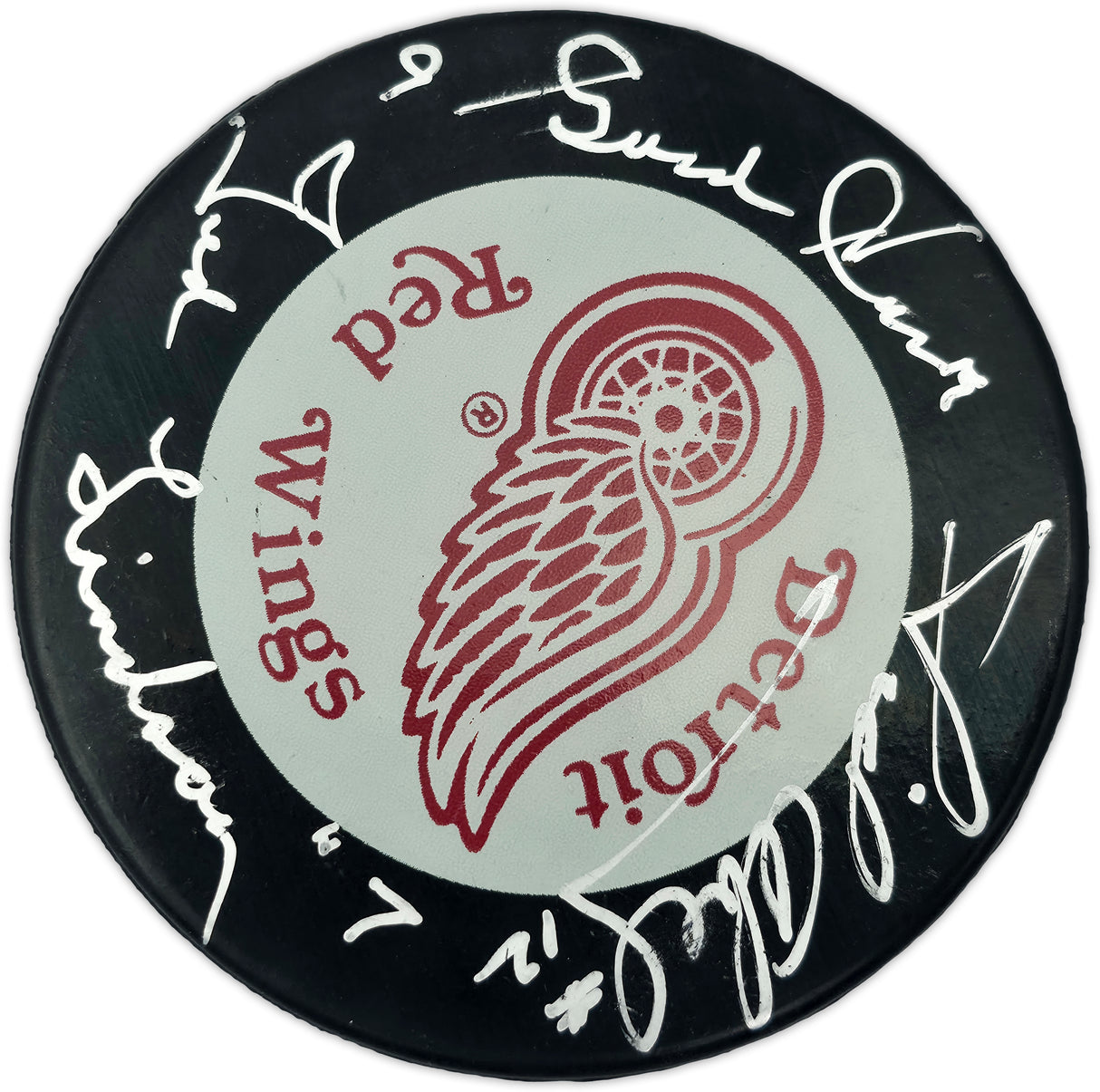 Gordie Howe, Sid Abel, & Ted Lindsay Autographed Official Detroit Red Wings Logo Hockey Puck Production Line Beckett BAS #AE85129