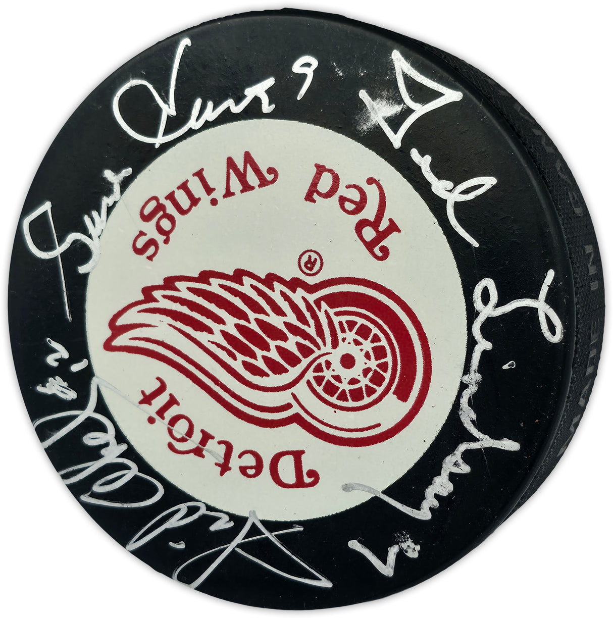 Gordie Howe, Sid Abel, & Ted Lindsay Autographed Official Detroit Red Wings Logo Hockey Puck Production Line Beckett BAS #AE85130