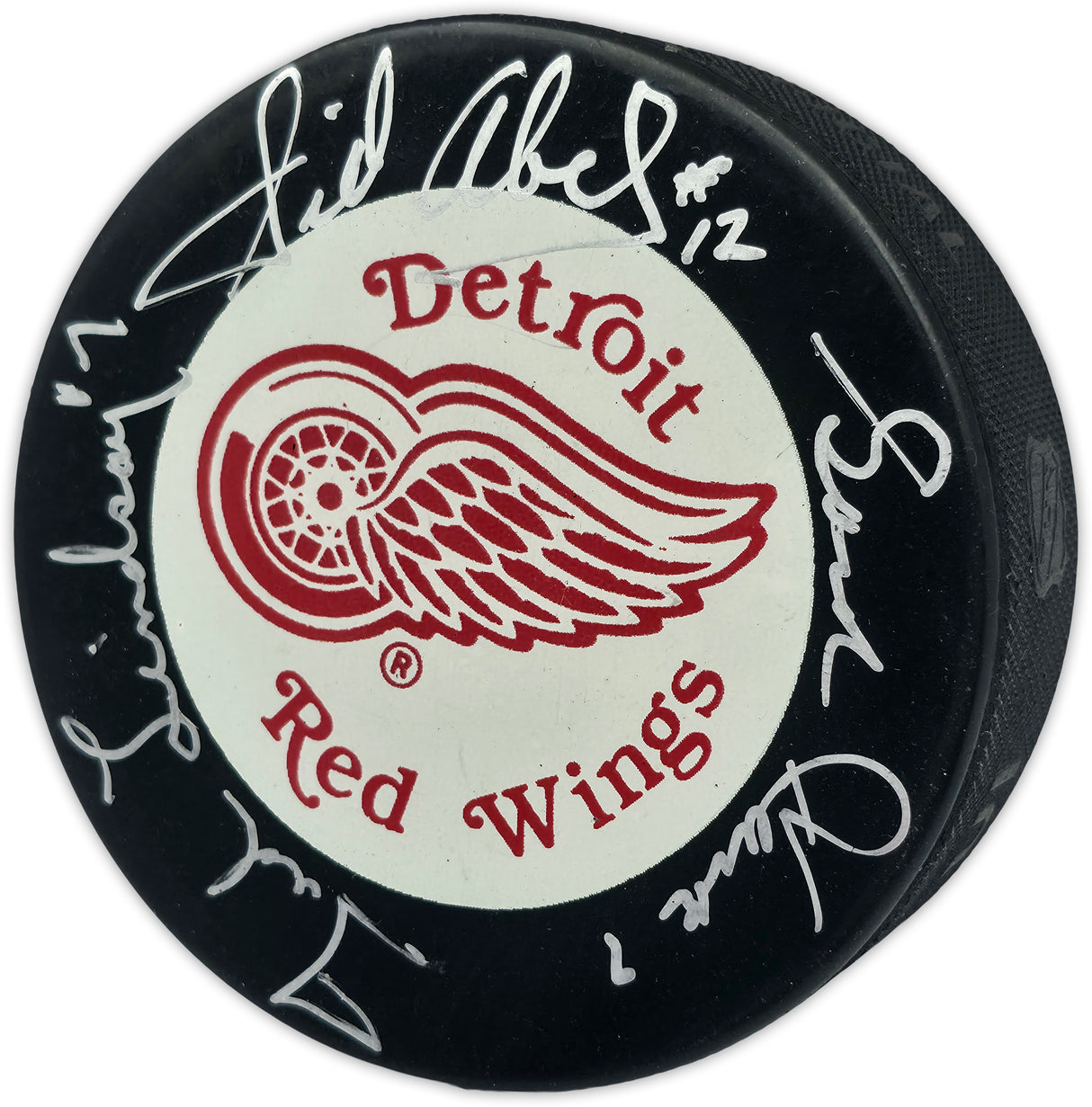 Gordie Howe, Sid Abel, & Ted Lindsay Autographed Official Detroit Red Wings Logo Hockey Puck Production Line Beckett BAS #AE85134