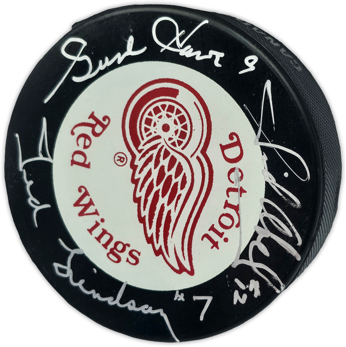 Gordie Howe, Sid Abel, & Ted Lindsay Autographed Official Detroit Red Wings Logo Hockey Puck Production Line Beckett BAS #AE85131