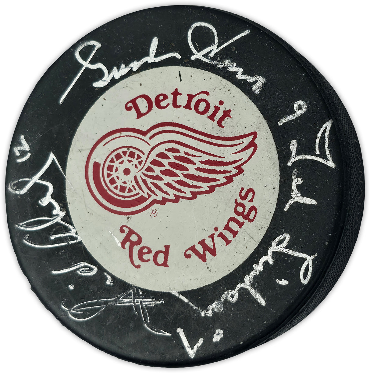 Gordie Howe, Sid Abel, & Ted Lindsay Autographed Official Detroit Red Wings Logo Hockey Puck Production Line Beckett BAS #AE85132