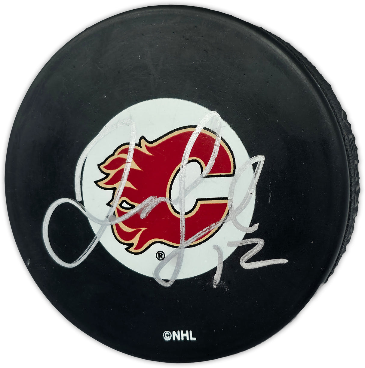 Jarome Iginla Autographed Official Calgary Flames Logo Hockey Puck Beckett BAS QR #BV86530