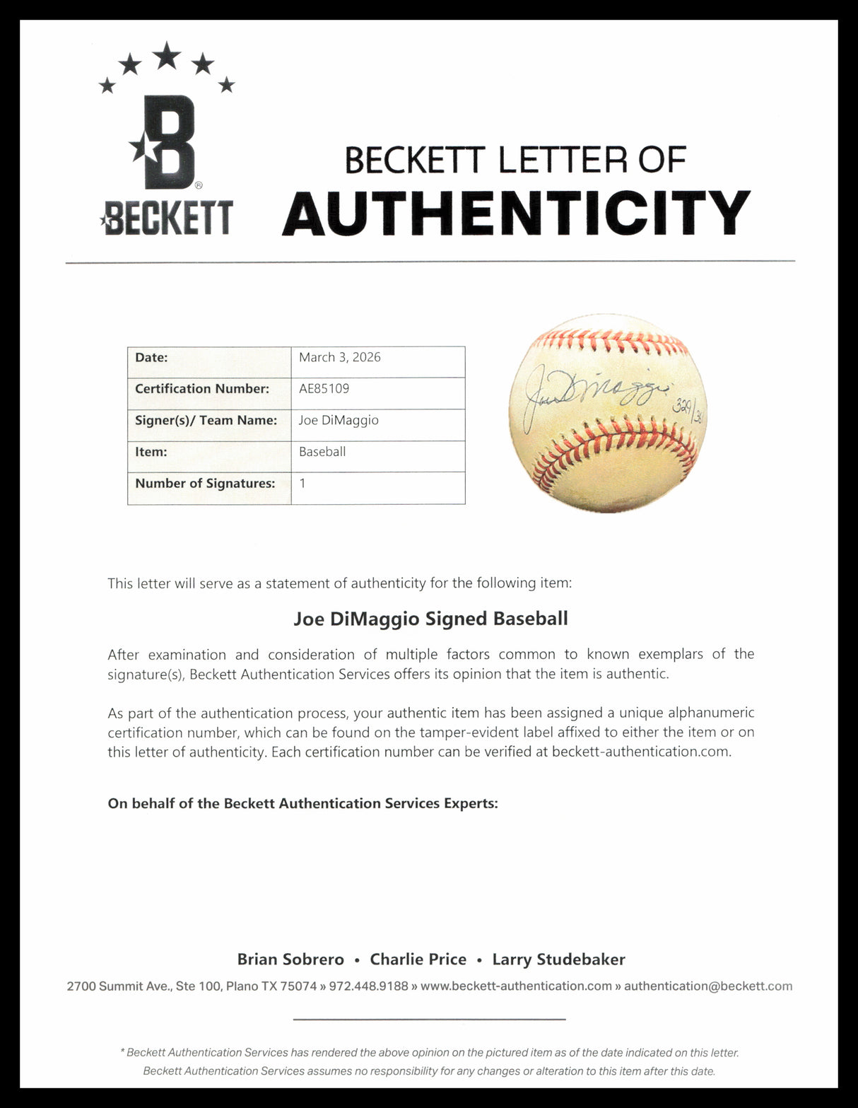 Joe DiMaggio Autographed Official AL Baseball New York Yankees Beckett BAS #AE85109