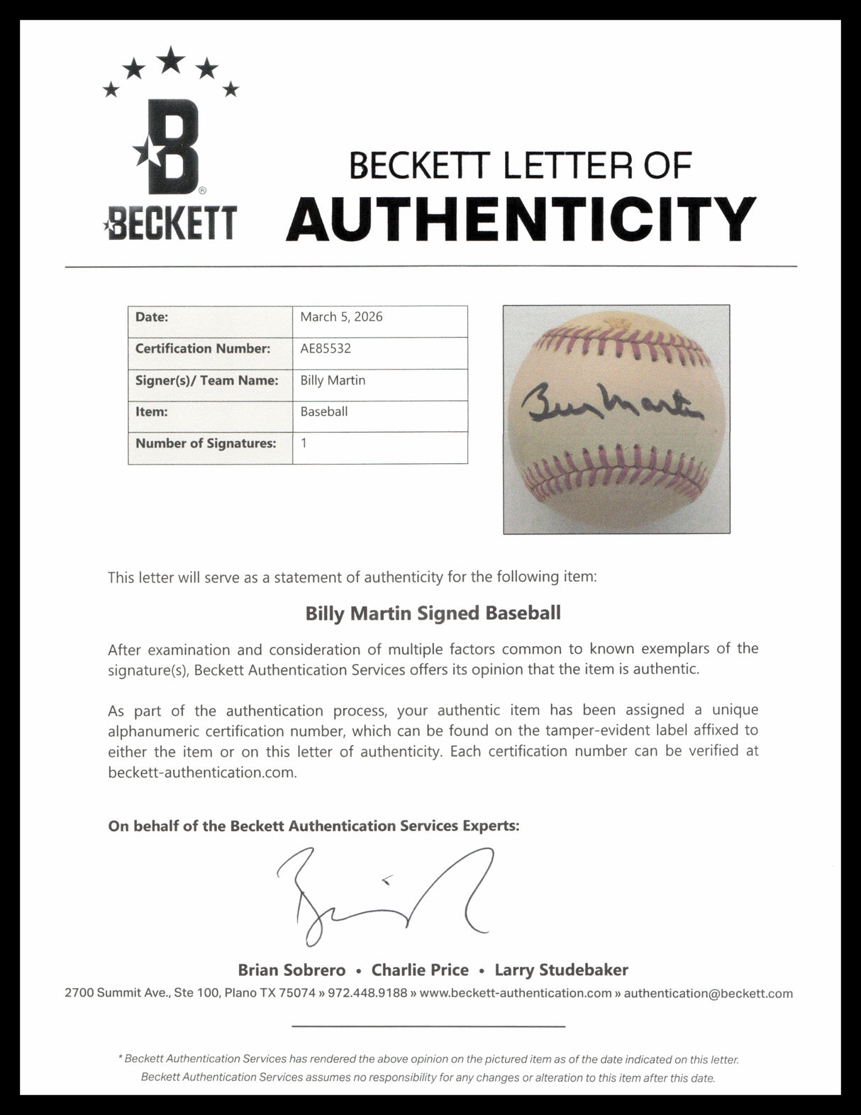 Billy Martin Autographed Official AL Baseball New York Yankees Beckett BAS #AE85532